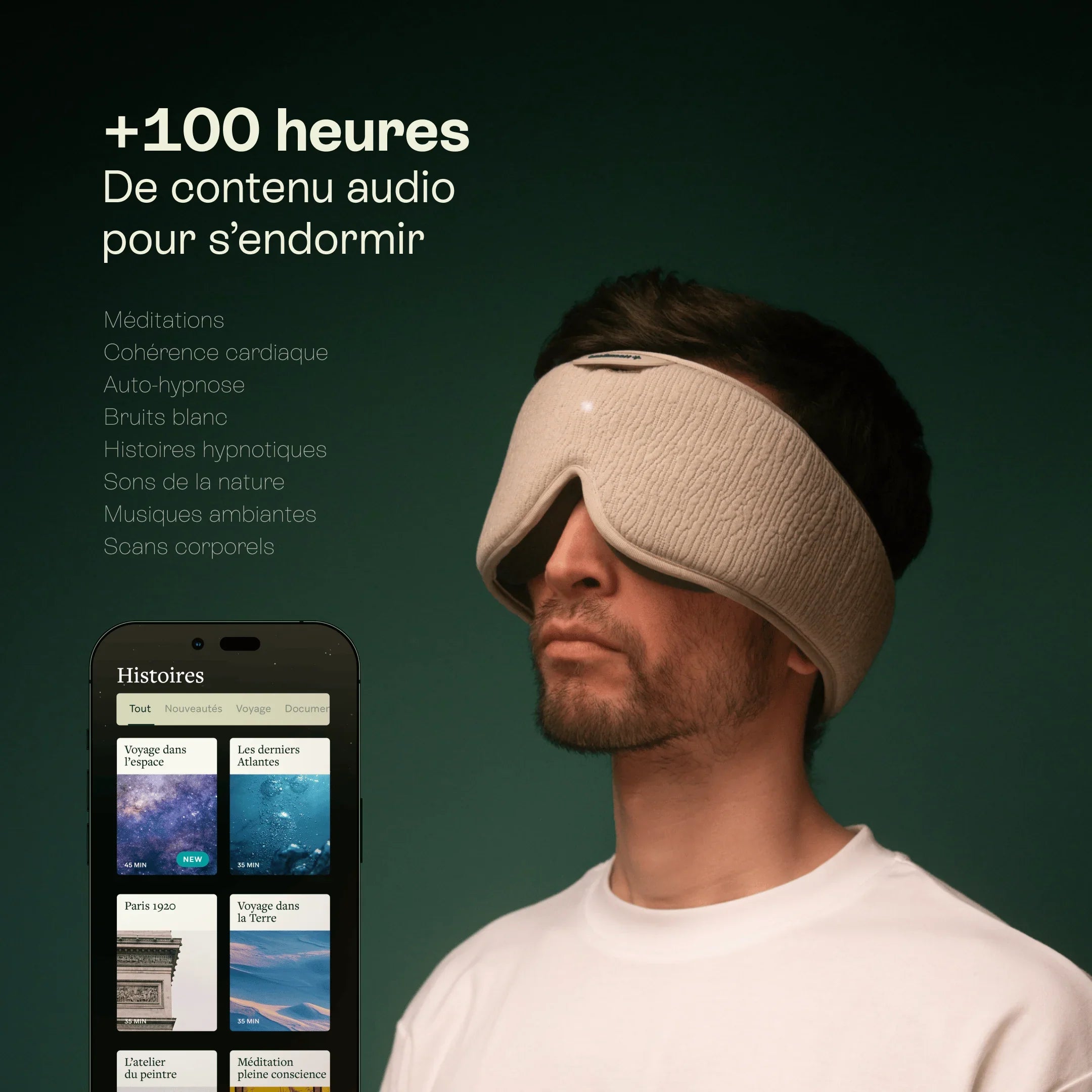 Man wearing a beige sleep mask with app showing over 100 hours of sleep audio content.