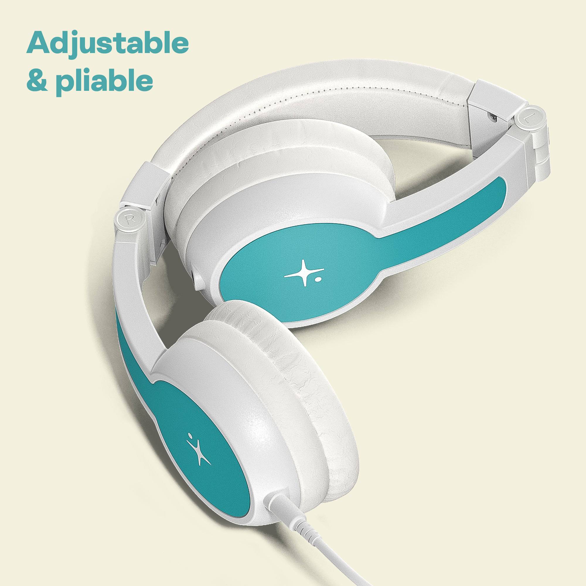 Casque HoomKid de LIVLAB, ultra résistant, pliable et ajustable, présenté avec caractéristiques sur fond clair.