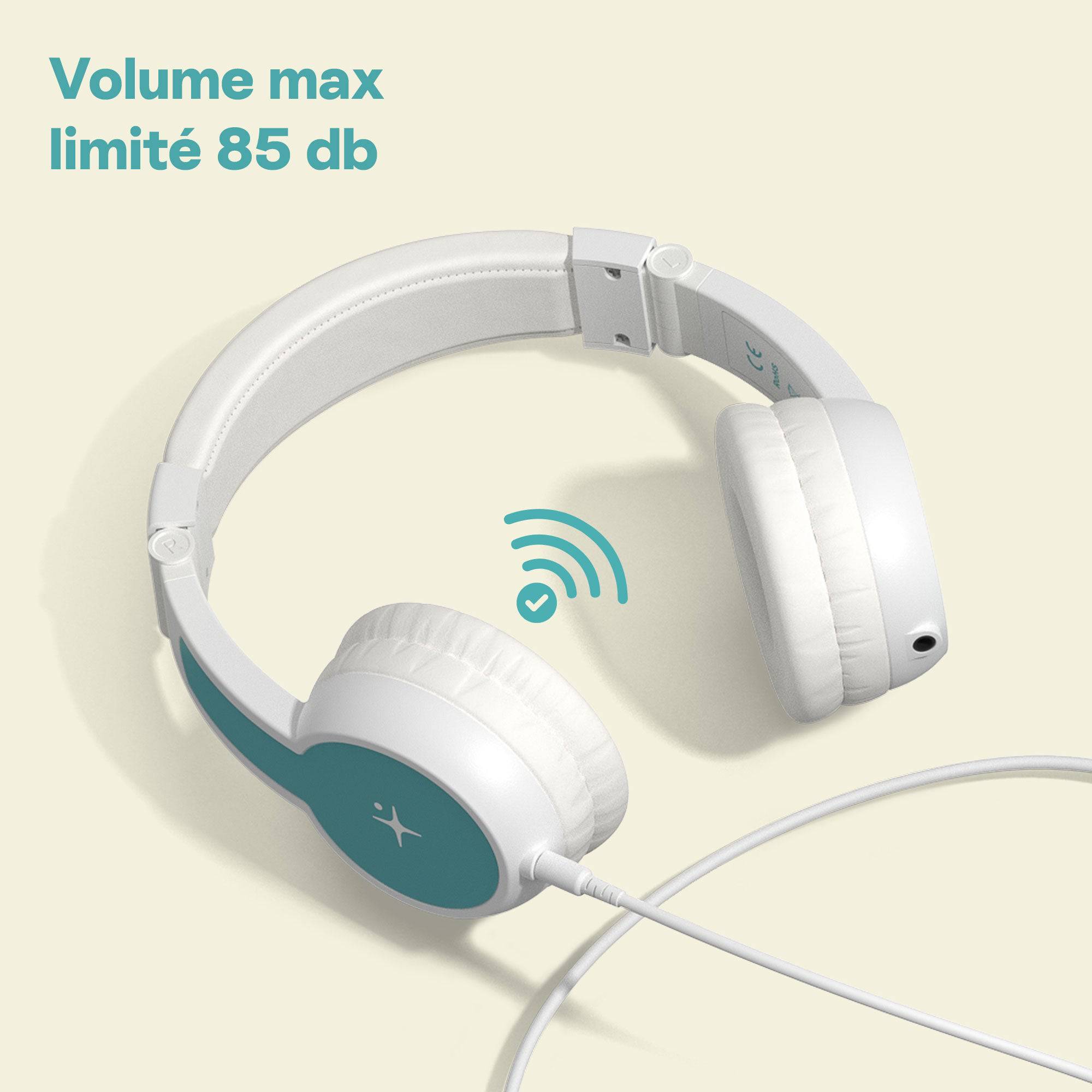 White and teal wired headphones with volume limited to 85 dB, wireless feature icon visible.