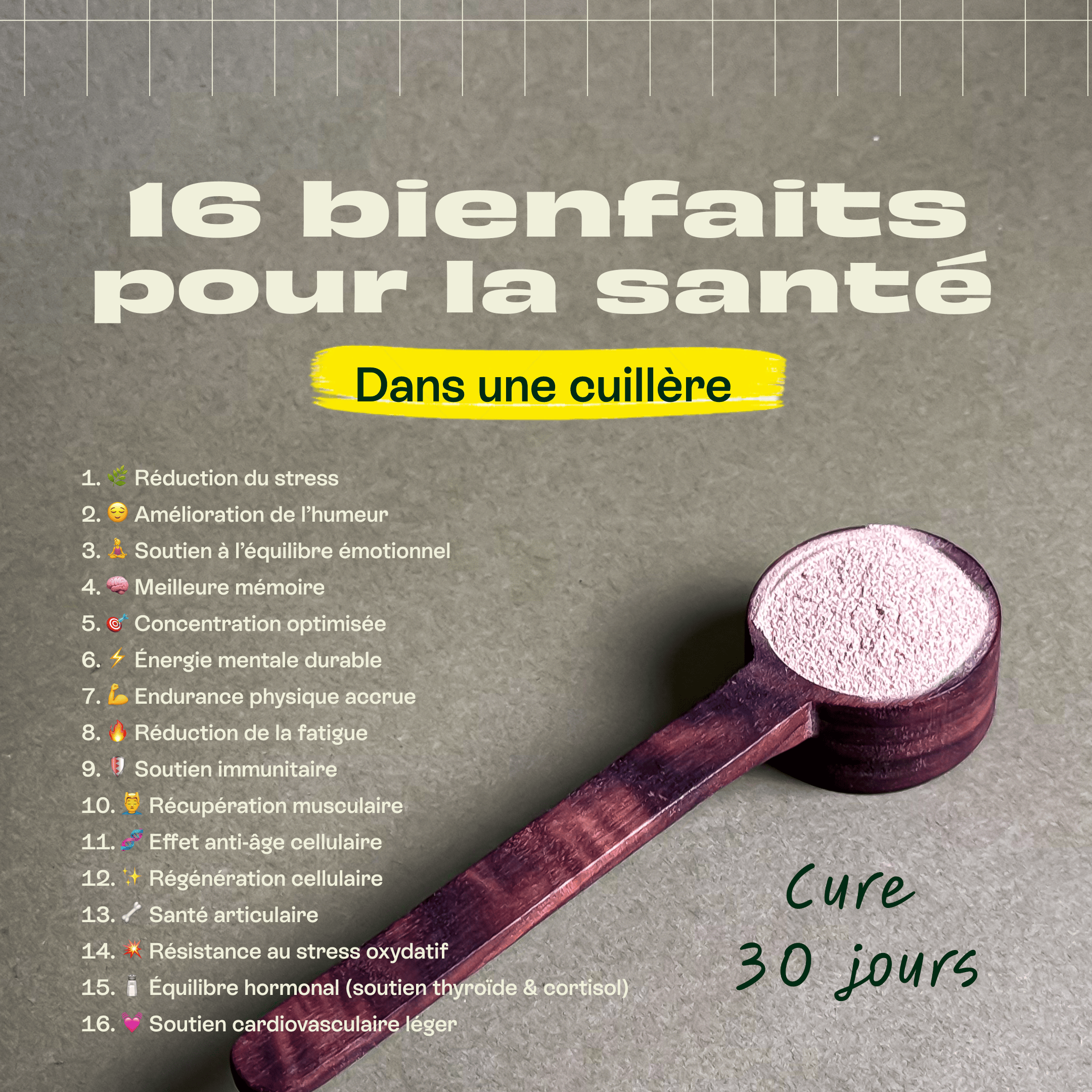 Livlab Force V - Cure vitalité in a spoon showcasing its vibrant color and texture, highlighting health benefits.