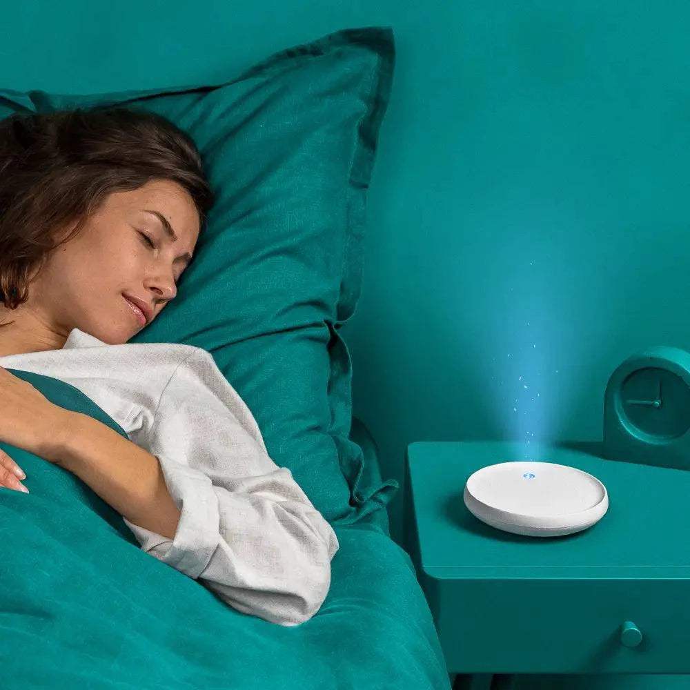 Dodow sleep aid device by Livlab, featuring two units designed to help users fall asleep in 8 minutes.