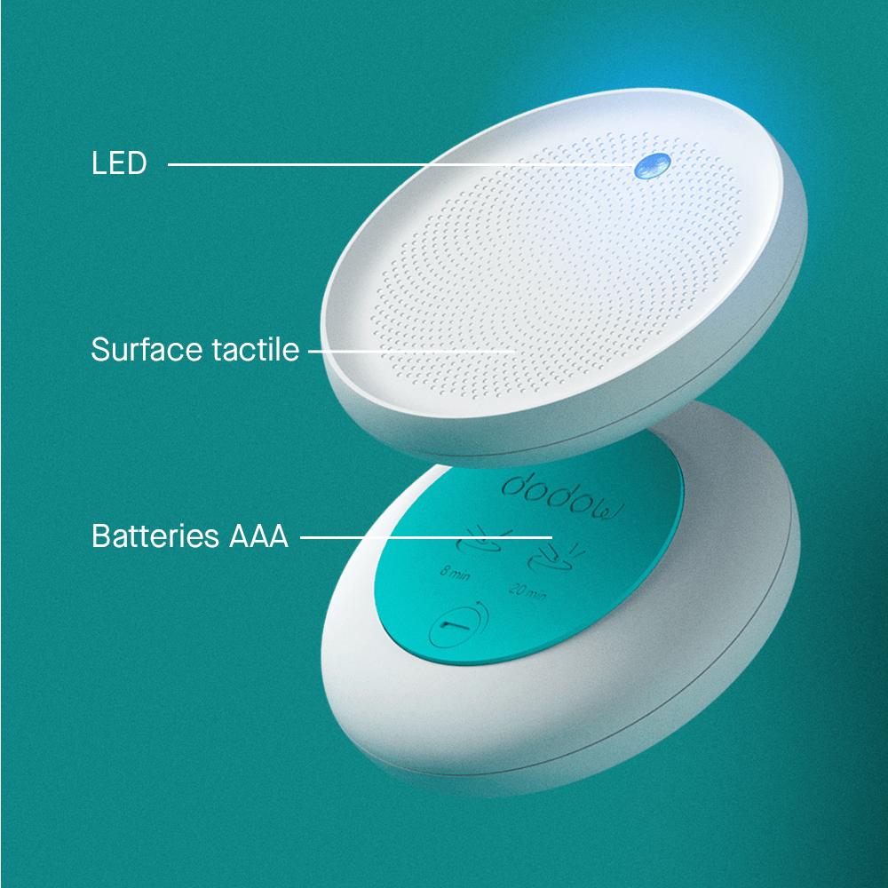 Dodow sleep aid device by LIVLAB, featuring a minimalist design with a calming light for improved sleep in 8 minutes.