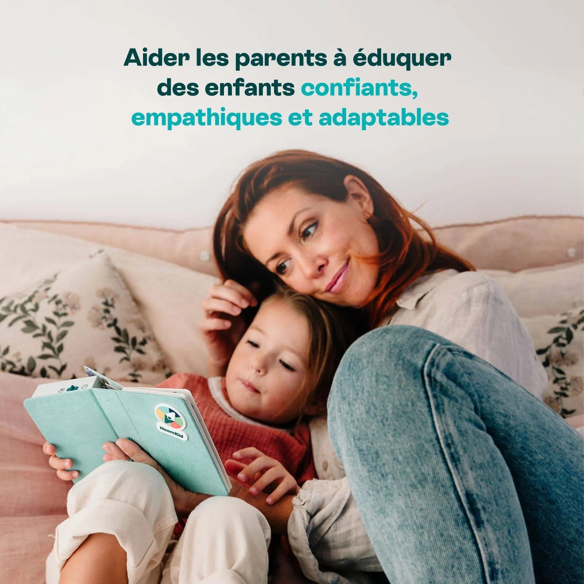 Mother and child sitting on a couch reading a book together, cozy family bonding moment