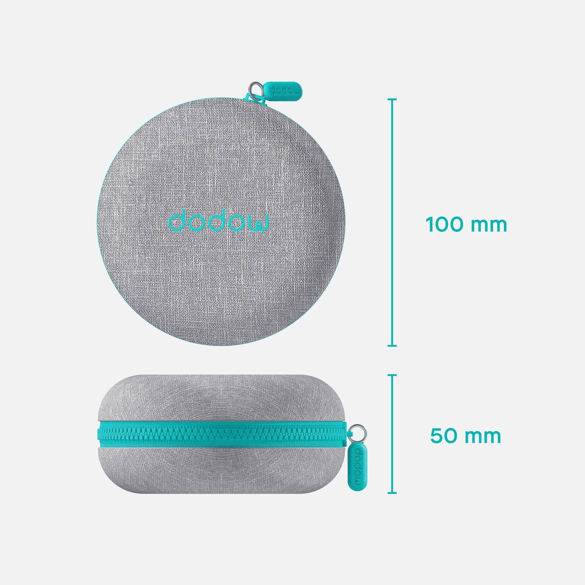 Gray round zippered carrying case with blue accent, labeled &
