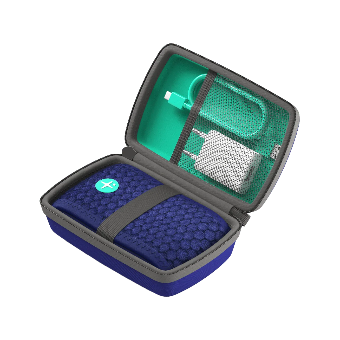 Open travel case with blue sleep headband, charging cable, and adapter organized inside