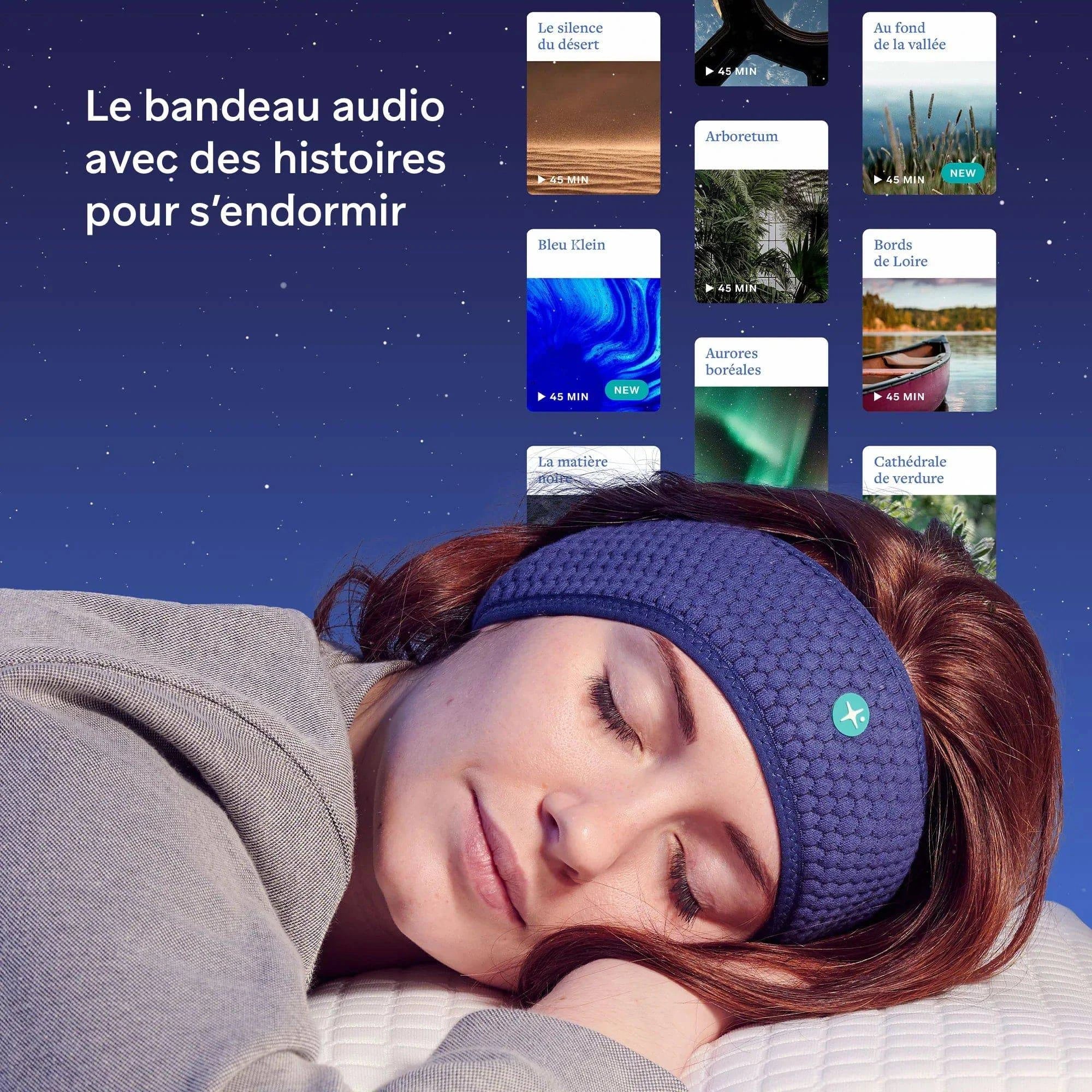HoomBand audio sleep headband by Livlab with included HoomBook tome 1 and app access displayed together.