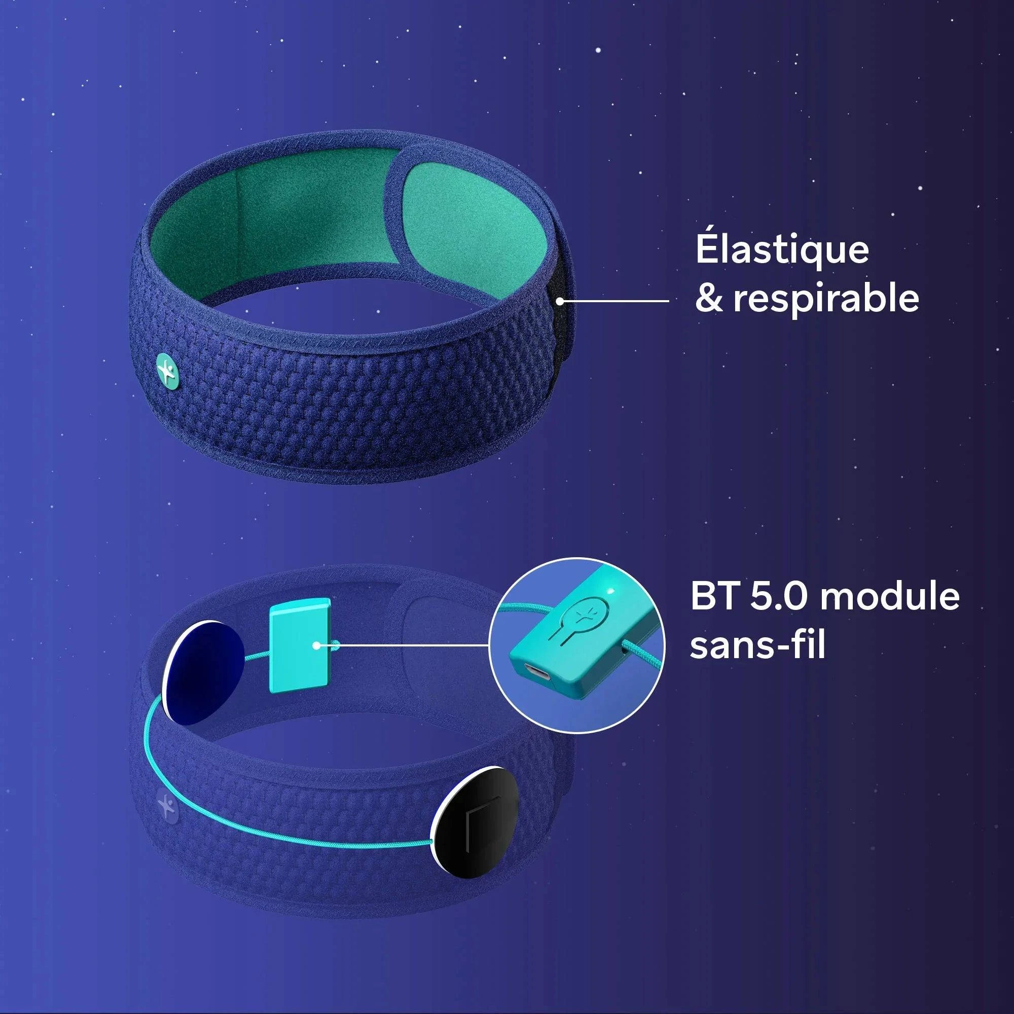 HoomBand by Livlab, an audio sleep bandeau with access to Livlab app and HoomBook tome 1 audio pack in exploded view.