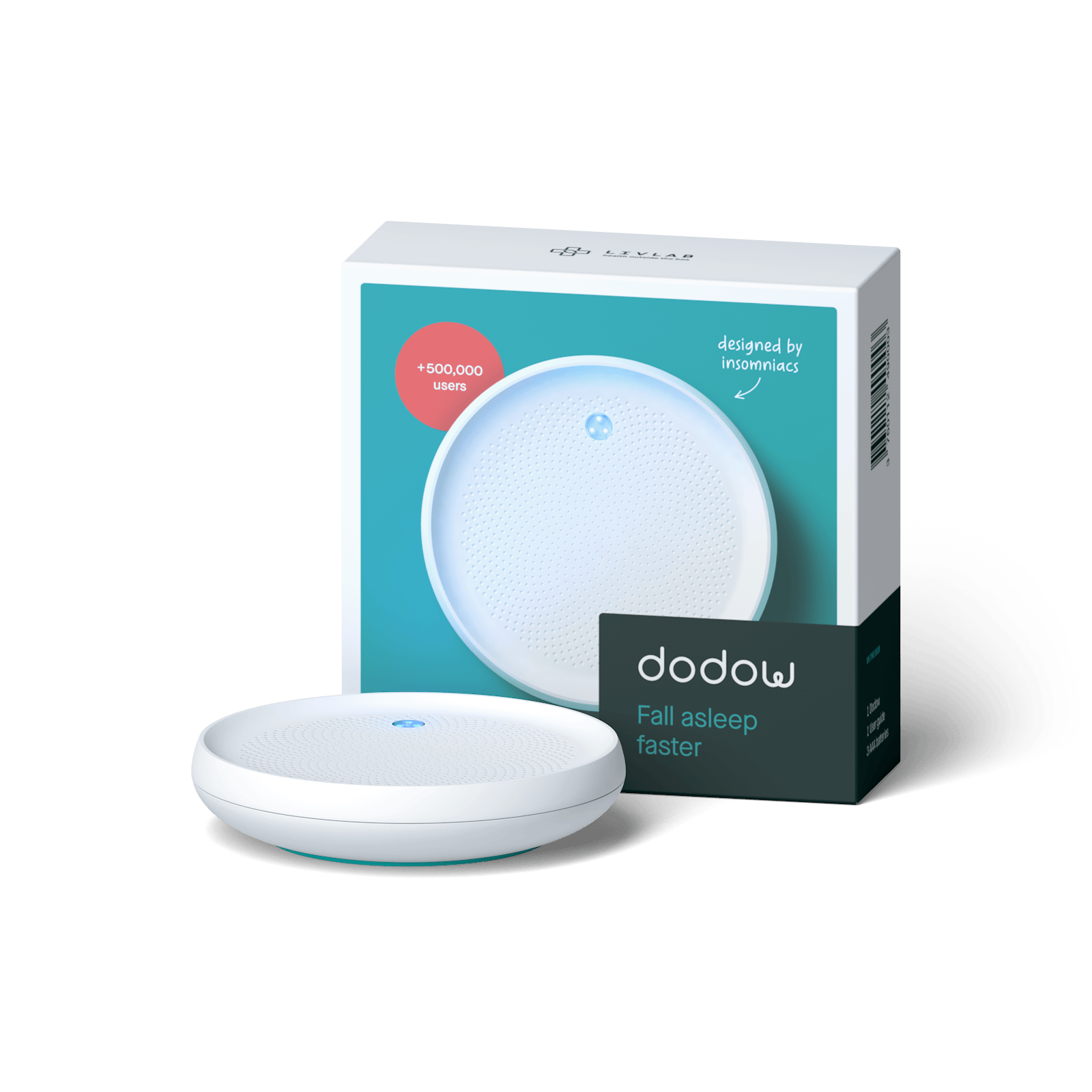 LIVLAB Dodow sleep aid device with a transparent background, designed to help users fall asleep in 8 minutes.