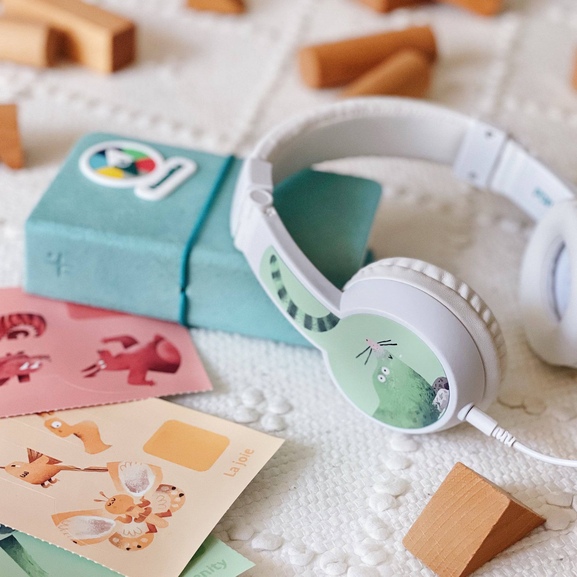 LIVLAB HoomKid Headphones in a colorful design, showcasing adjustable and foldable features for kids.