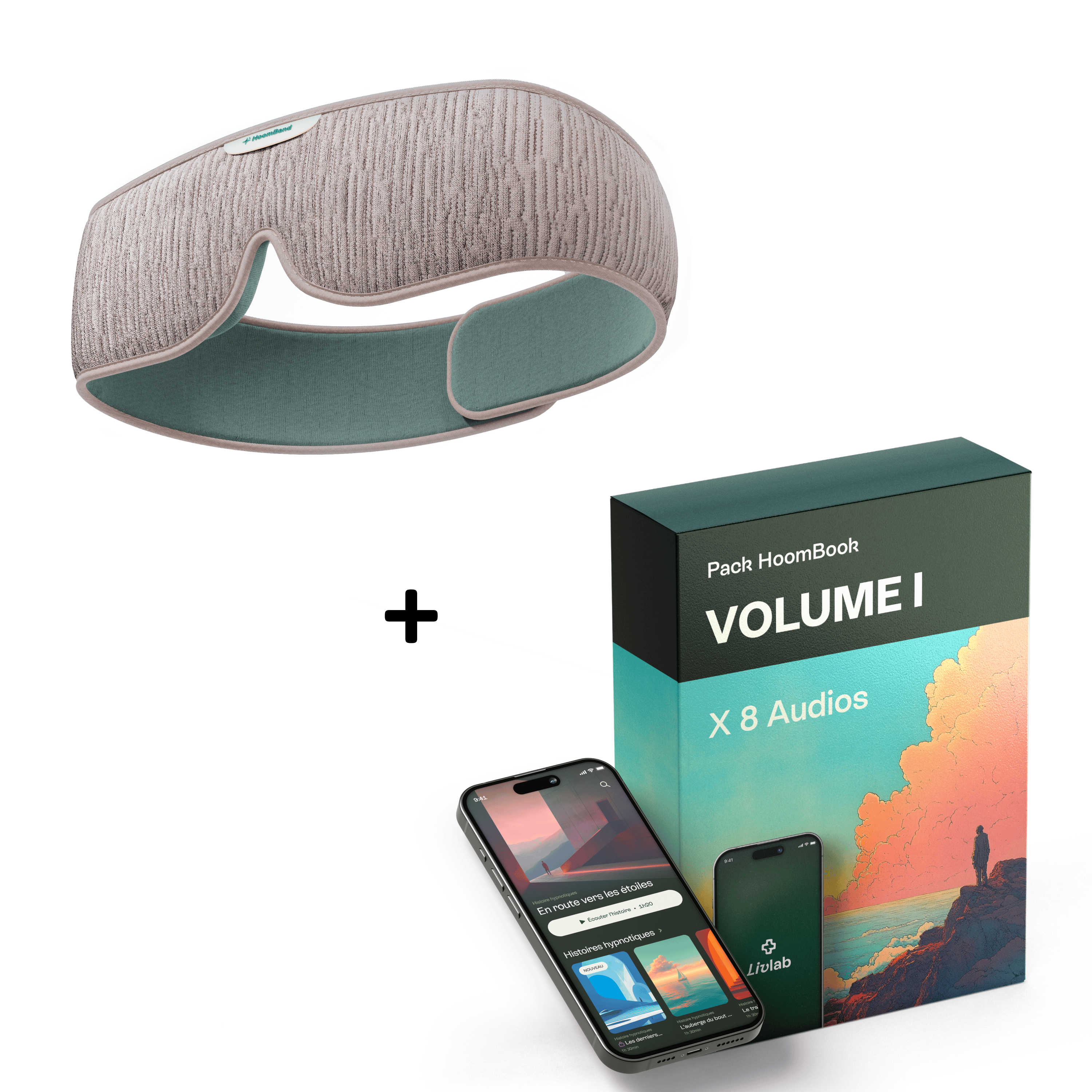 HoomBand Ultimate sleep mask with Bluetooth, featuring Livlab audio access and HoomBook tome 1 for relaxation and sleep.