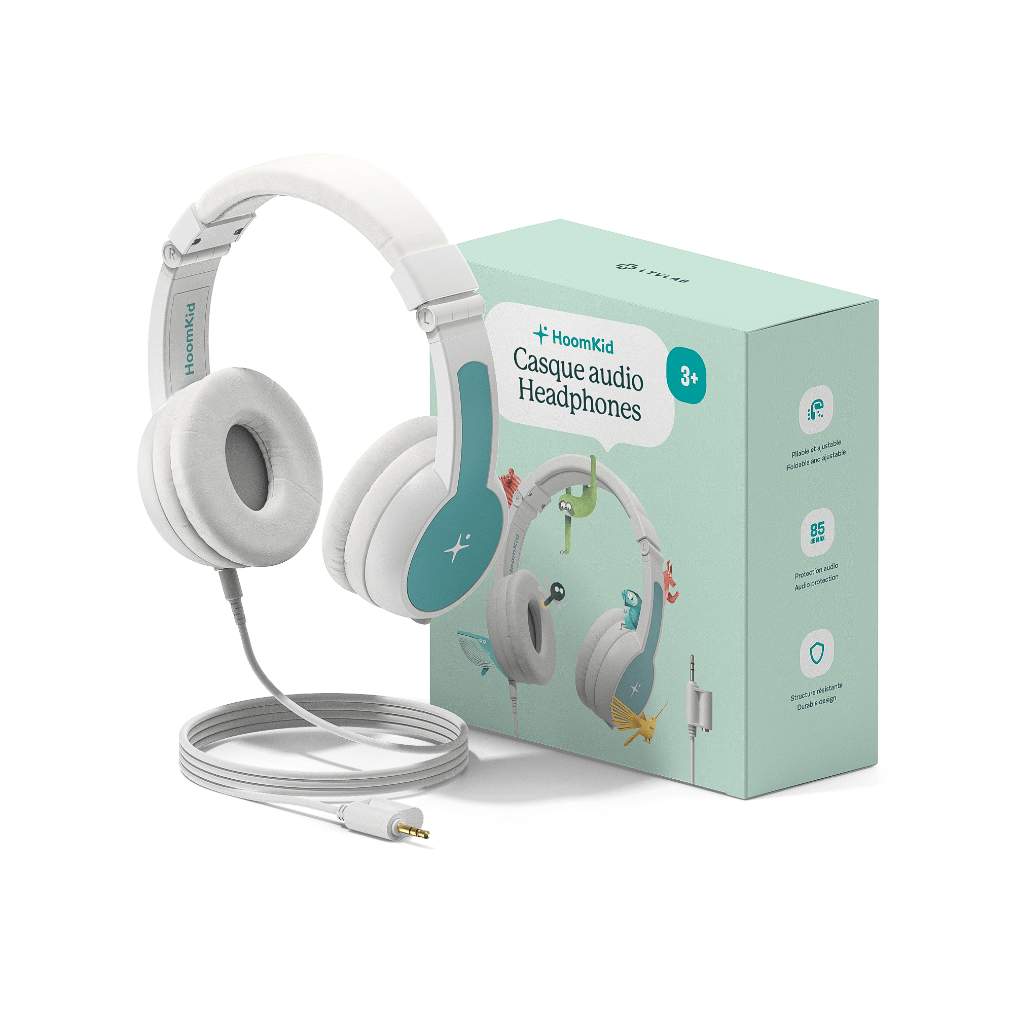 LIVLAB HoomKid headphones, ultra-resistant, foldable, and adjustable design with vibrant colors and cushioned ear pads.