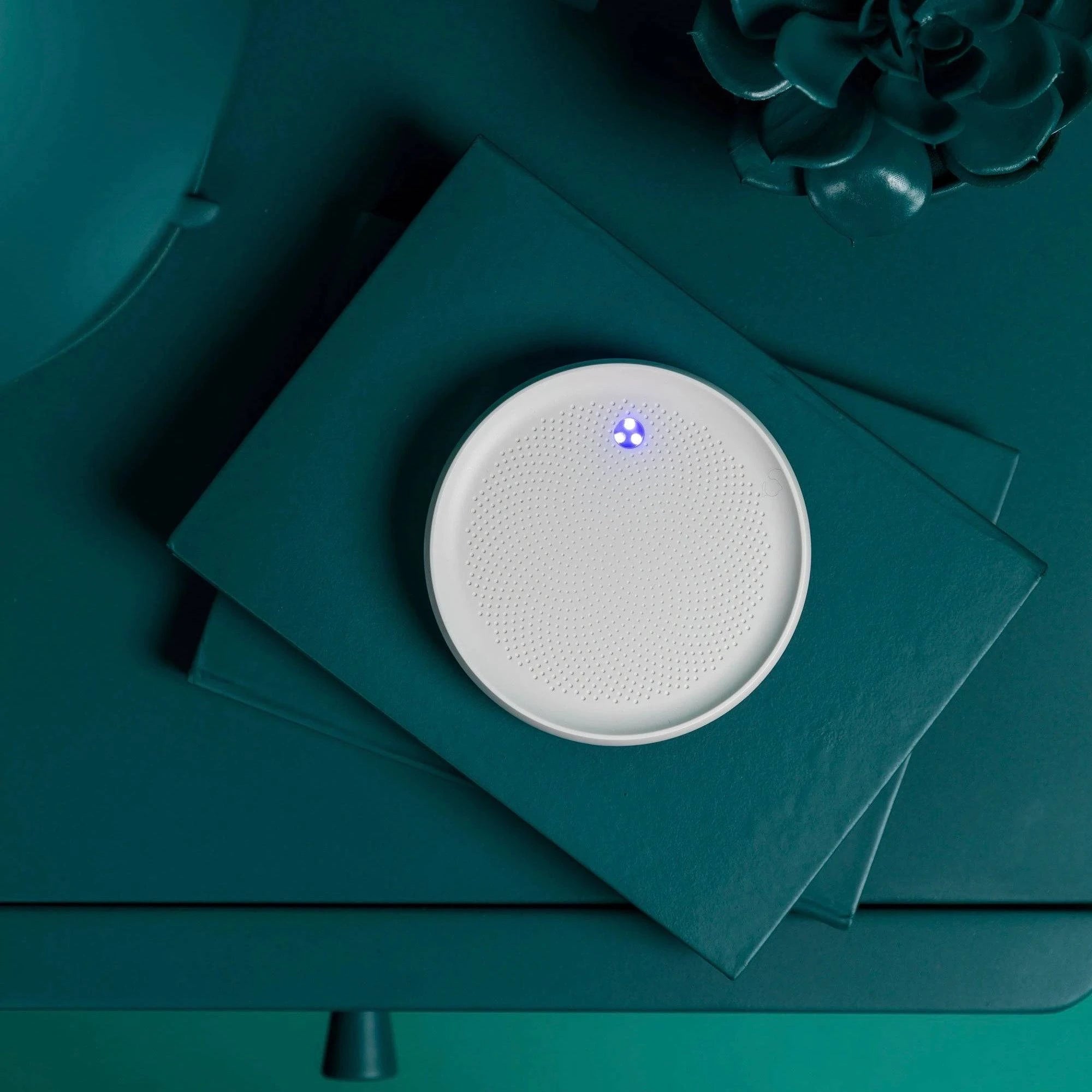 Dodow sleep aid device by LIVLAB, featuring a sleek design for guided breathing to improve sleep quality.