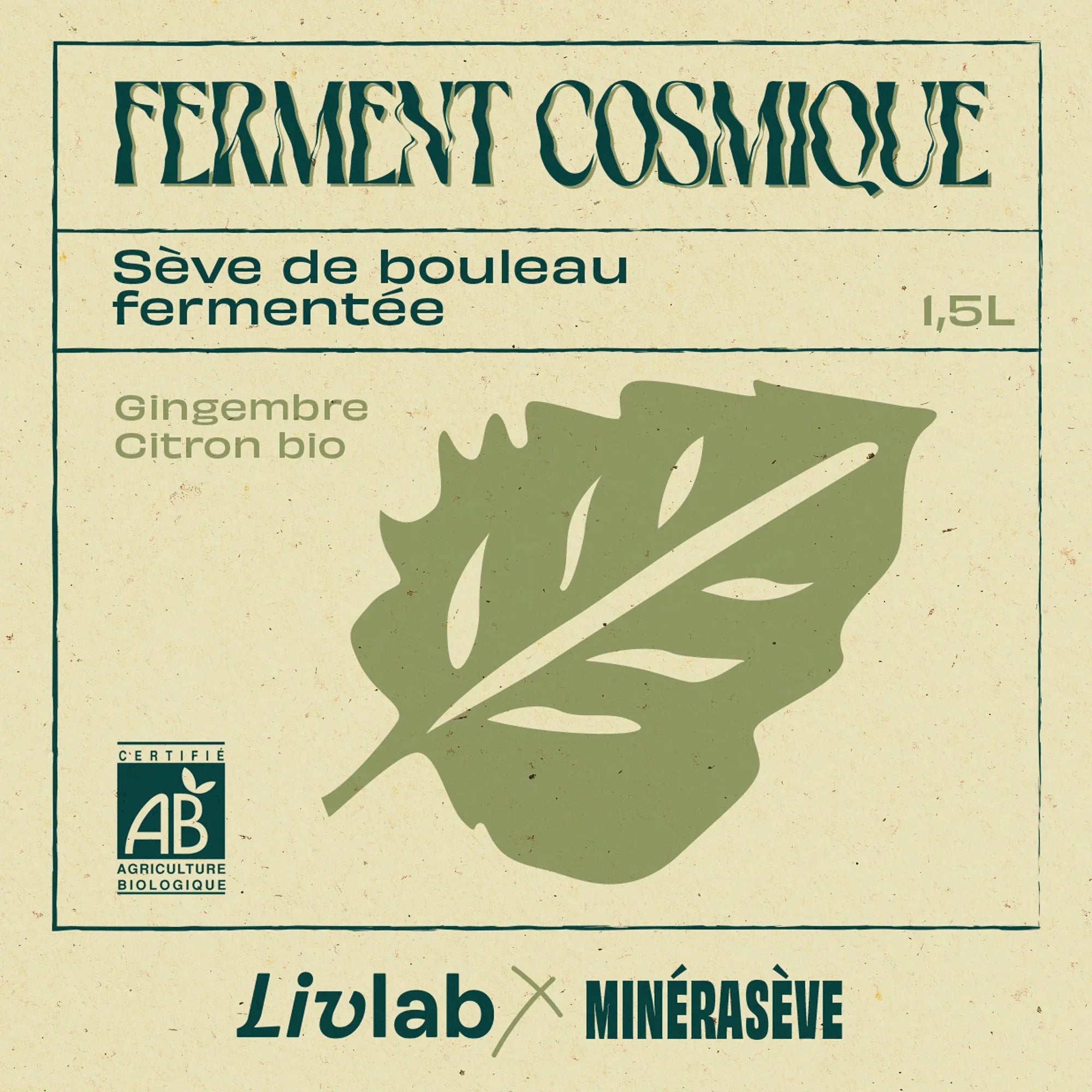 Front label of fermented birch sap with ginger, organic lemon, and a green leaf graphic.