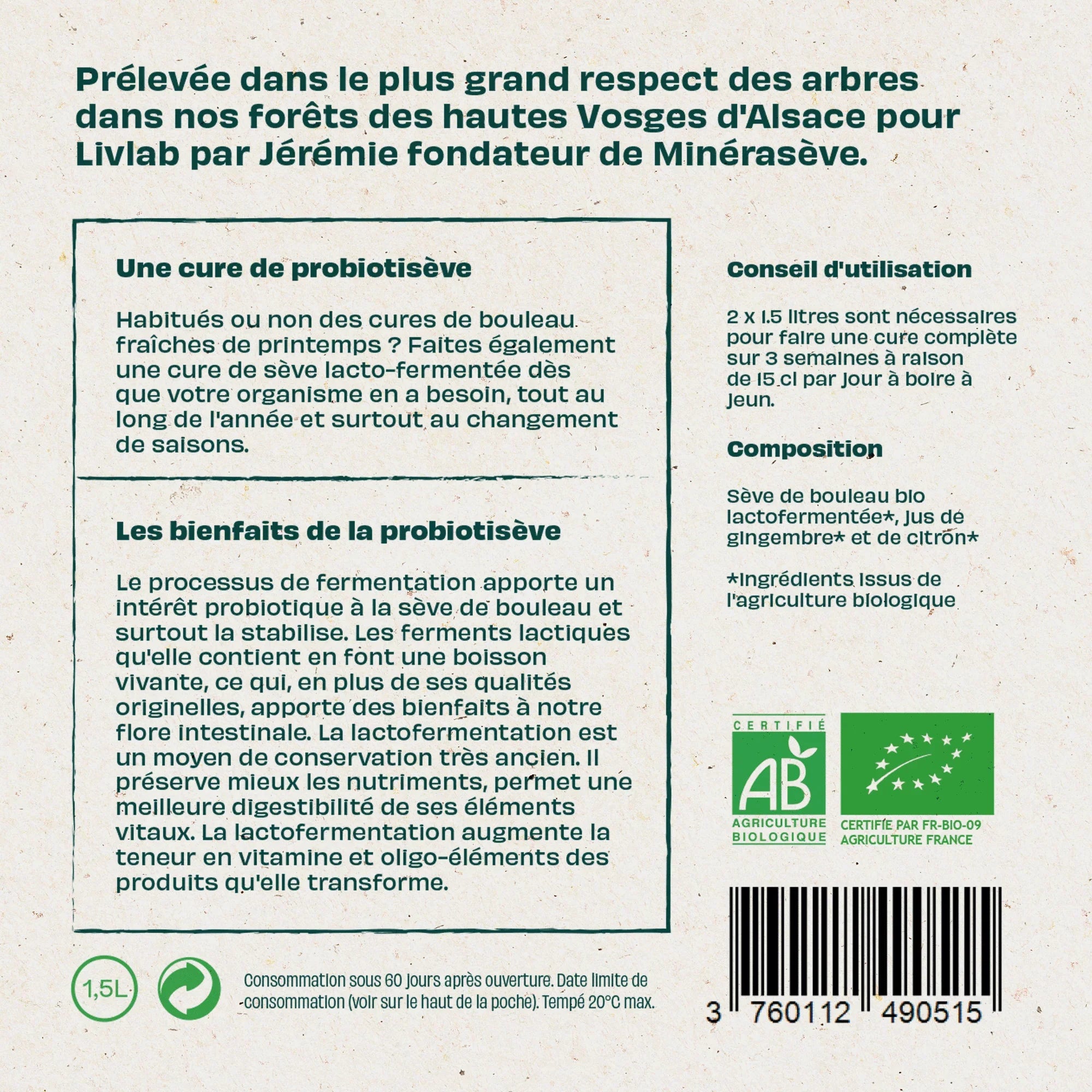 Back label of Minérasève probiotic birch sap with product description, usage, benefits, and organic certifications.