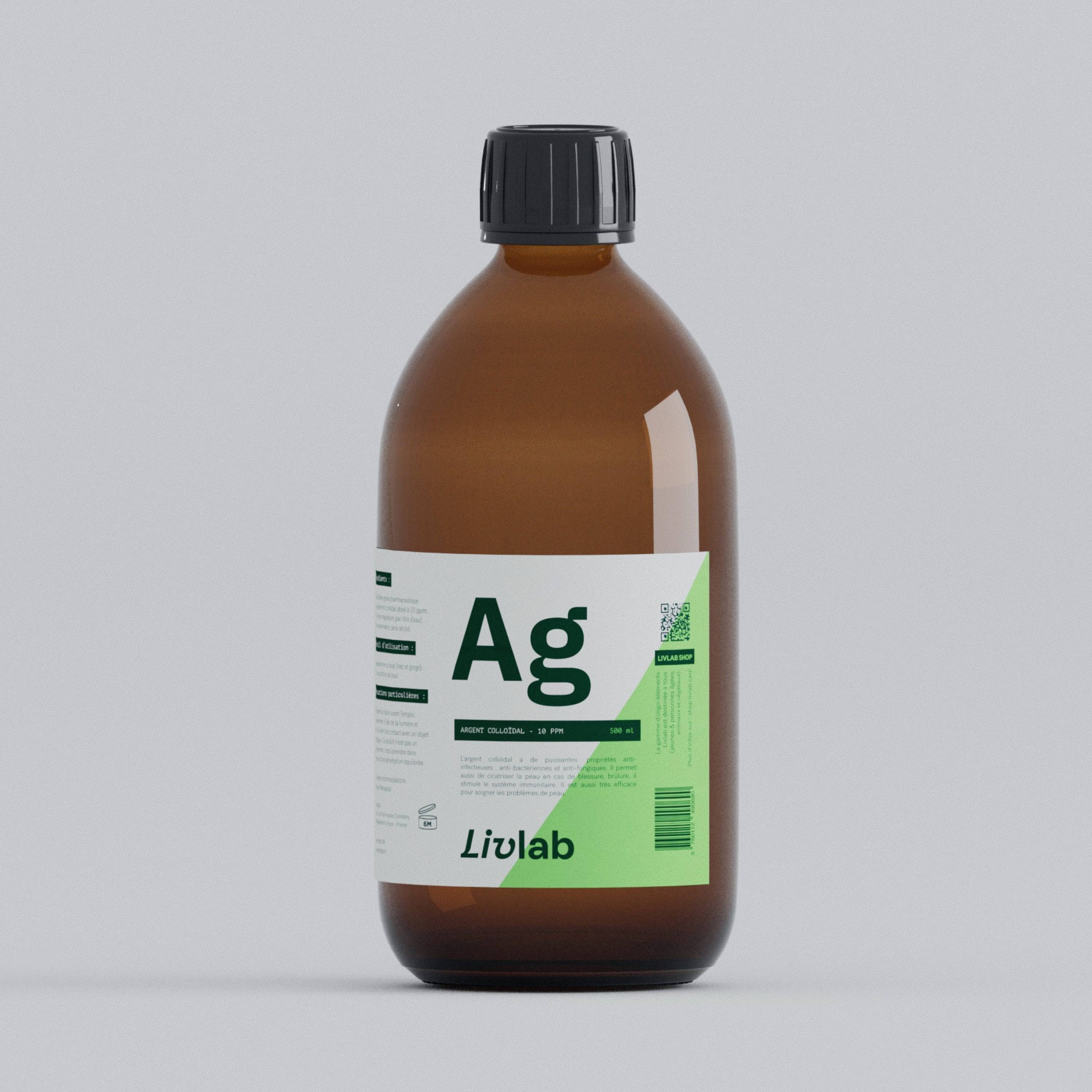 Livlab Argent colloidal solution in a 500 ml bottle with a clear label showing 10 PPM concentration.