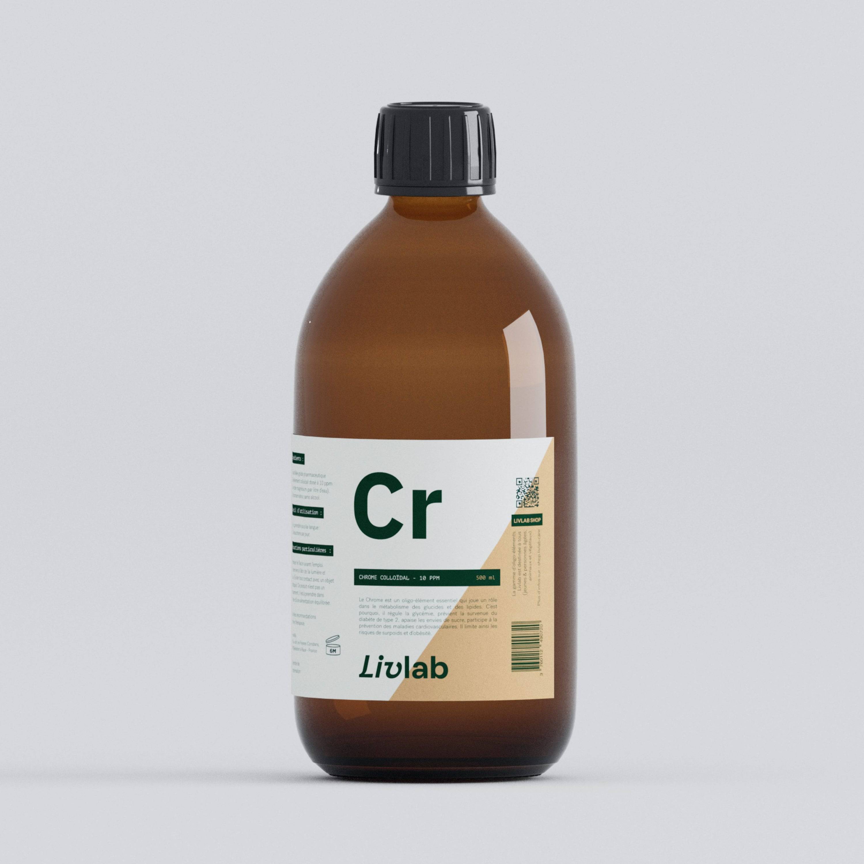 500 ml bottle of Livlab Chrome Colloidal 10 PPM with a clear liquid, showcasing the label and bottle design.
