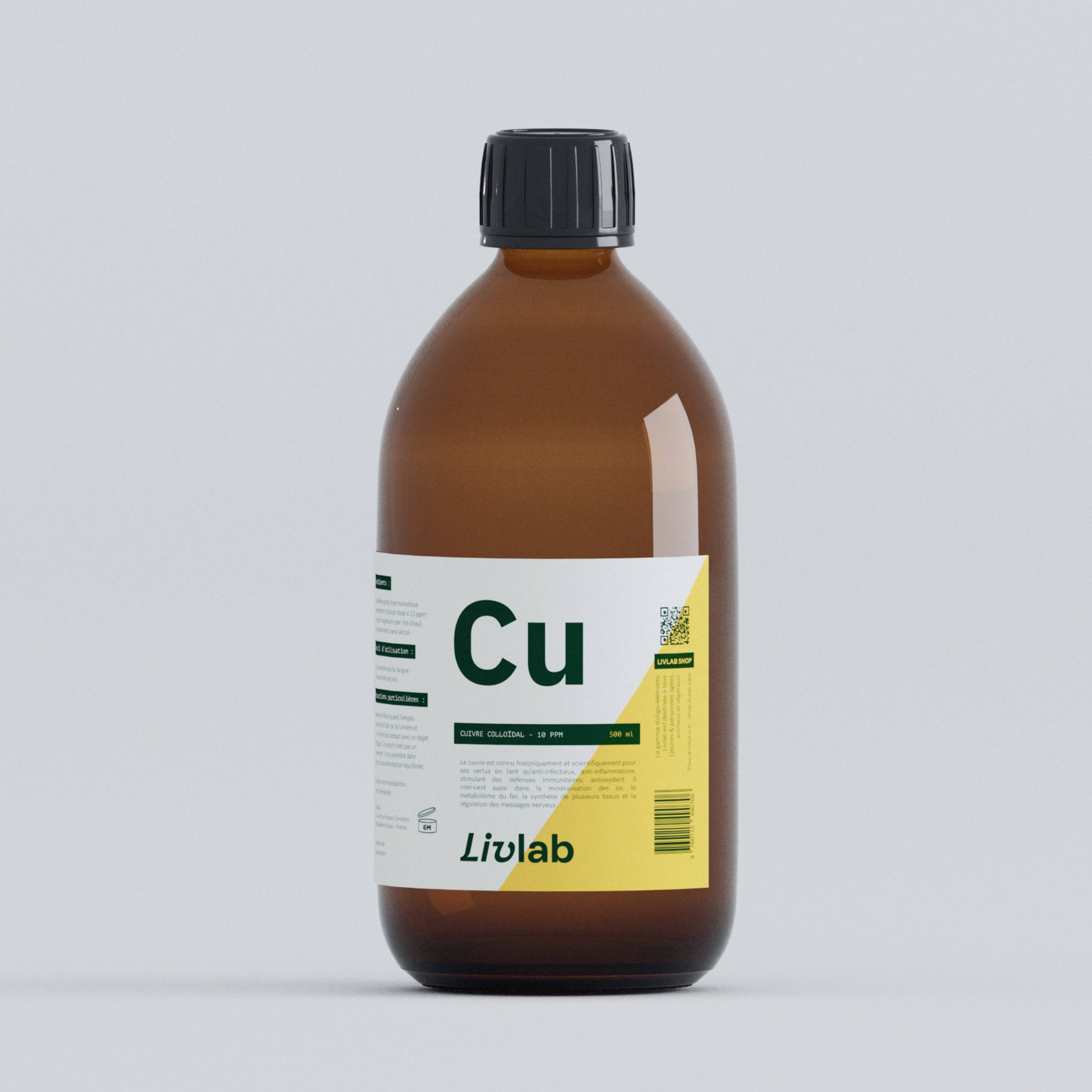 Livlab Cuivre colloidal solution in a clear 500 ml bottle with a label indicating 10 PPM concentration.