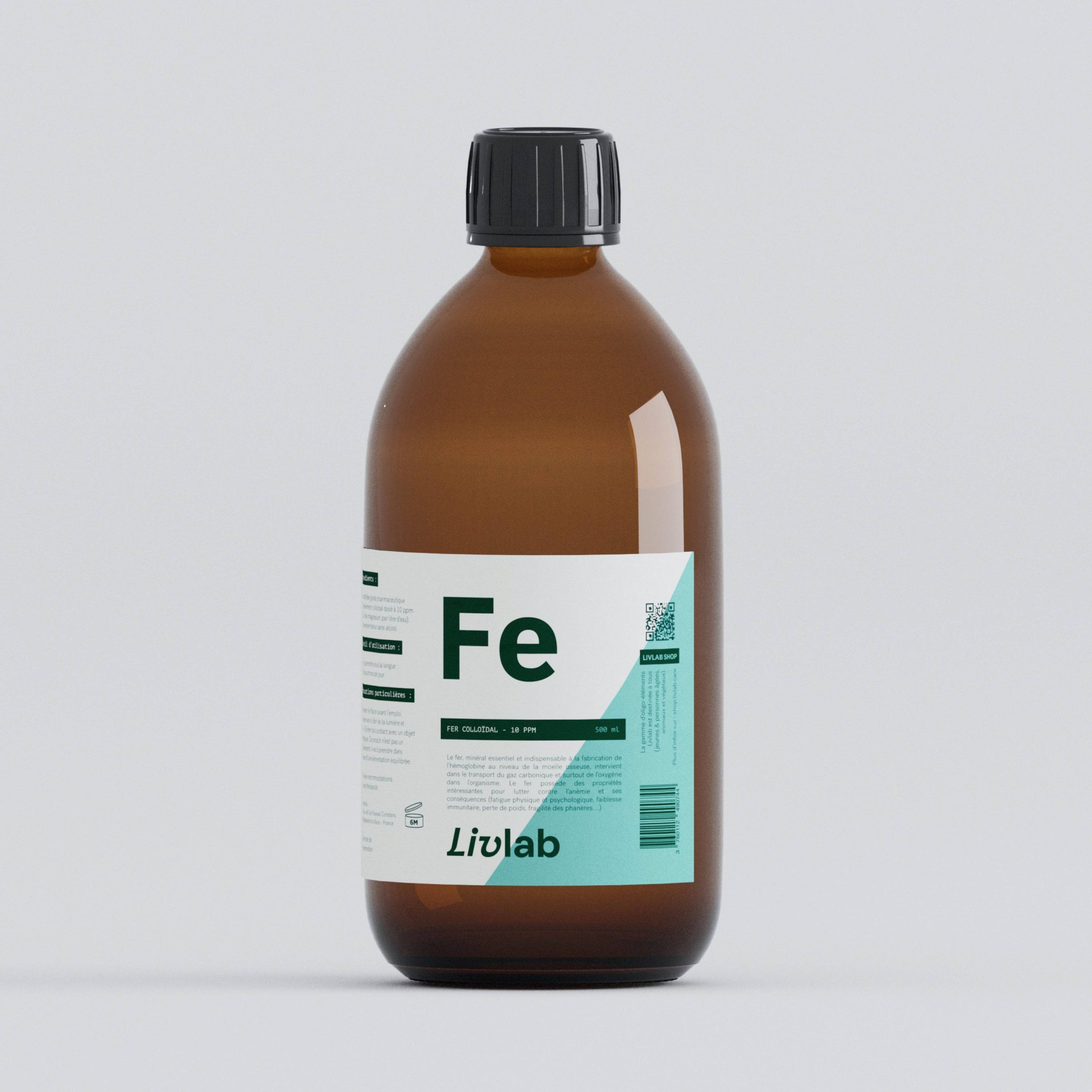 Livlab Fer Colloïdal 10 PPM in a 500 ml bottle with a clear liquid and label design visible.