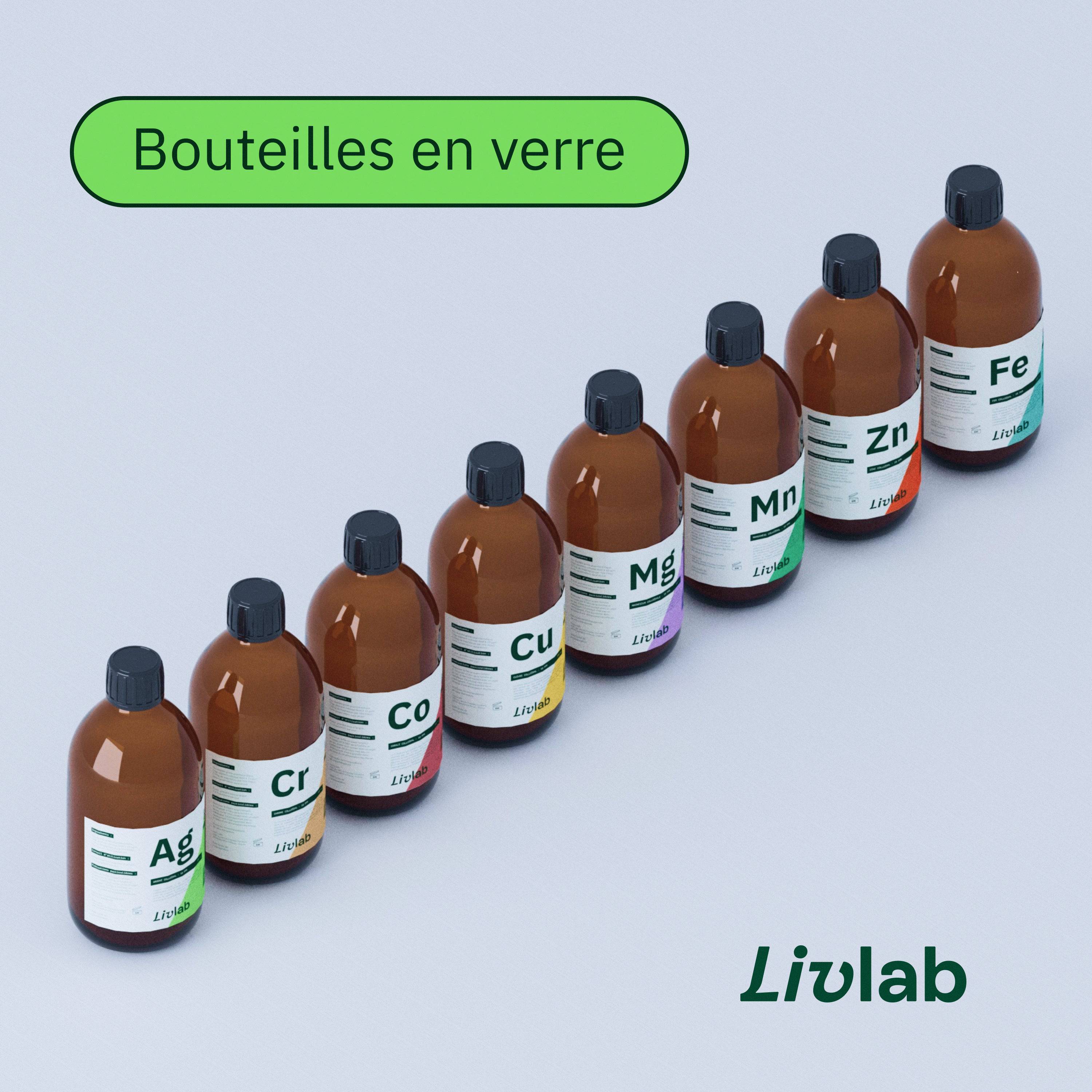 Colloidal iron solution 10 PPM in a 500 ml bottle by Livlab on a white background.