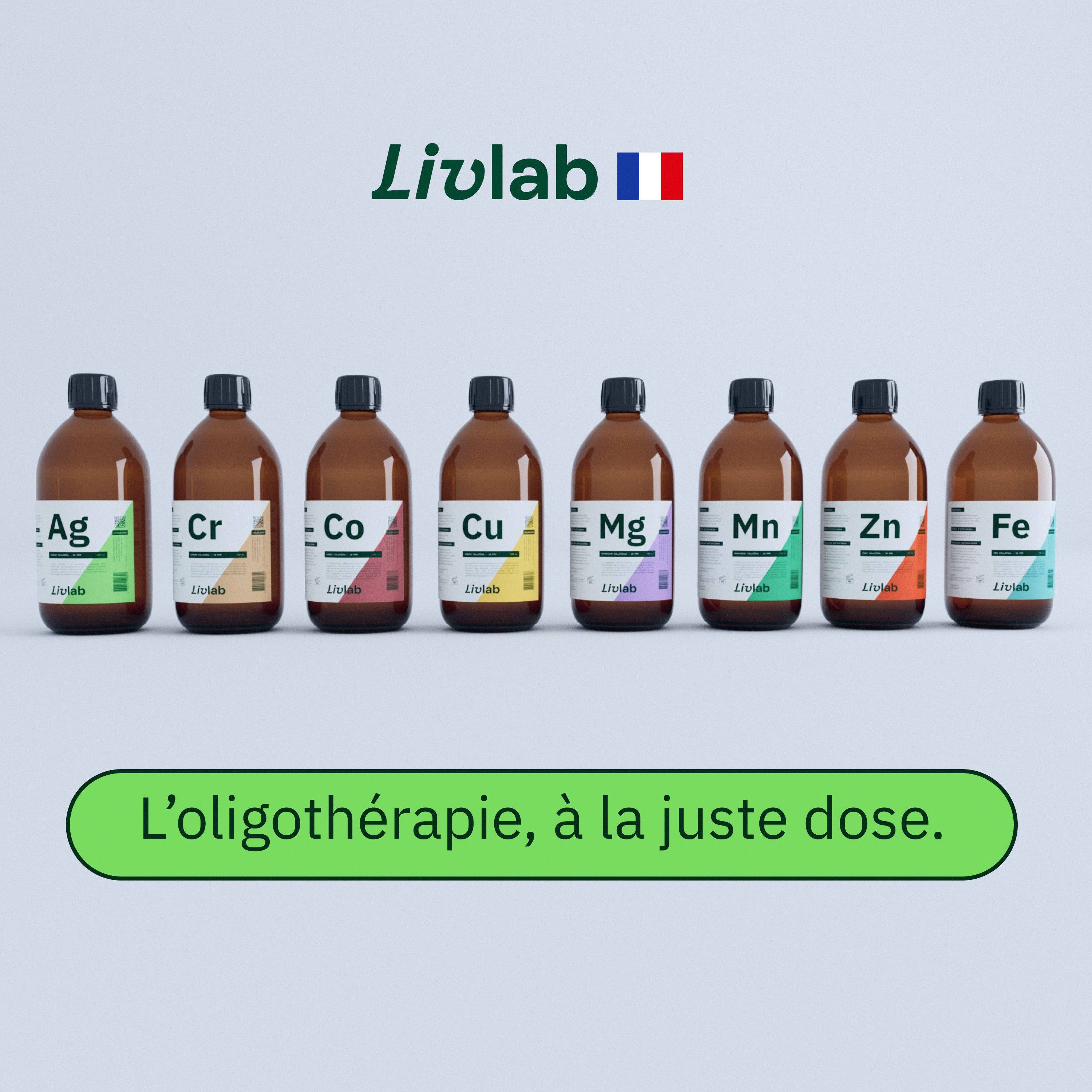 Livlab Fer Colloïdal 10 PPM in a 500 ml bottle with a clear label showcasing the product&