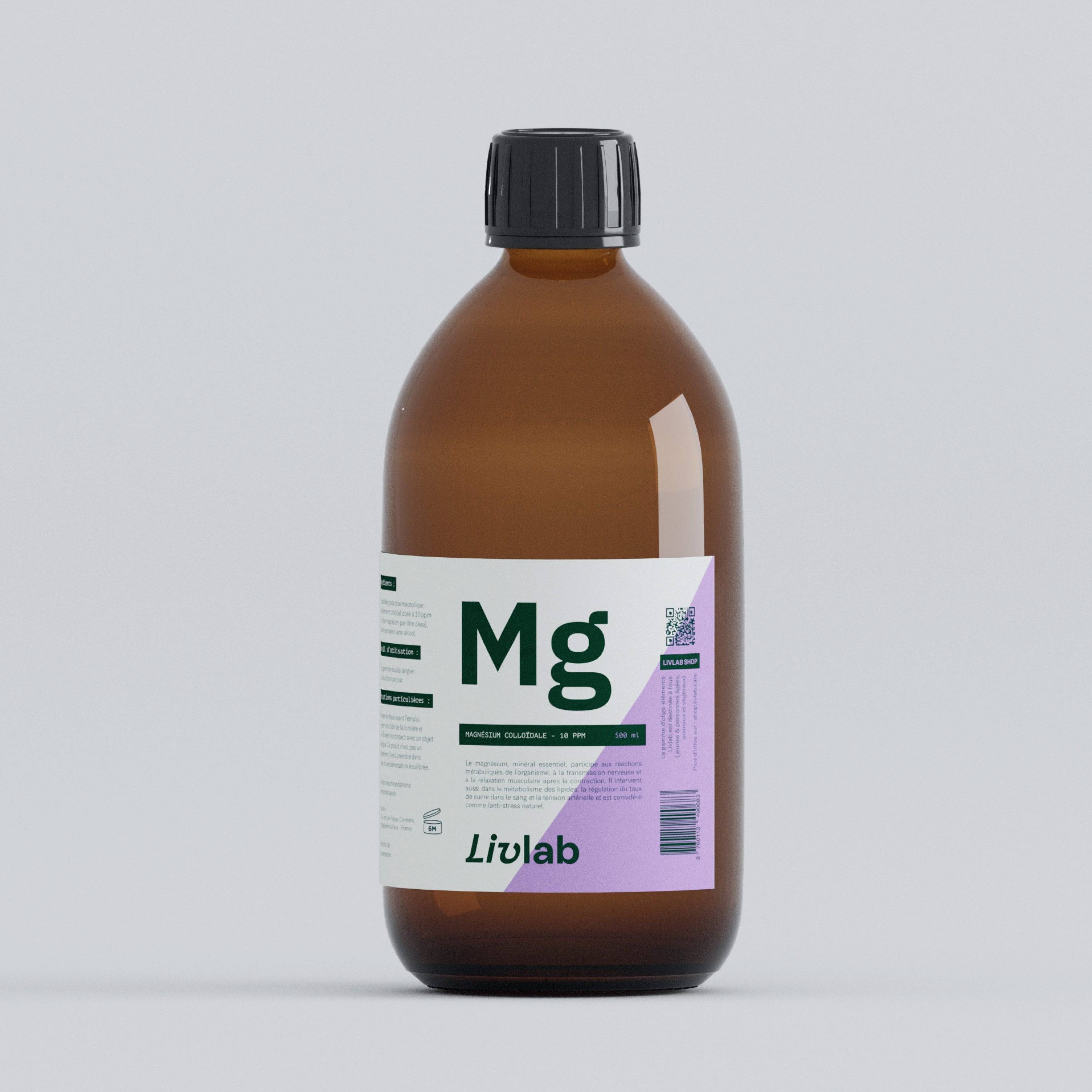 Colloidal magnesium 10 ppm in a 500 ml bottle by Livlab, showcasing a clear liquid with a label design.