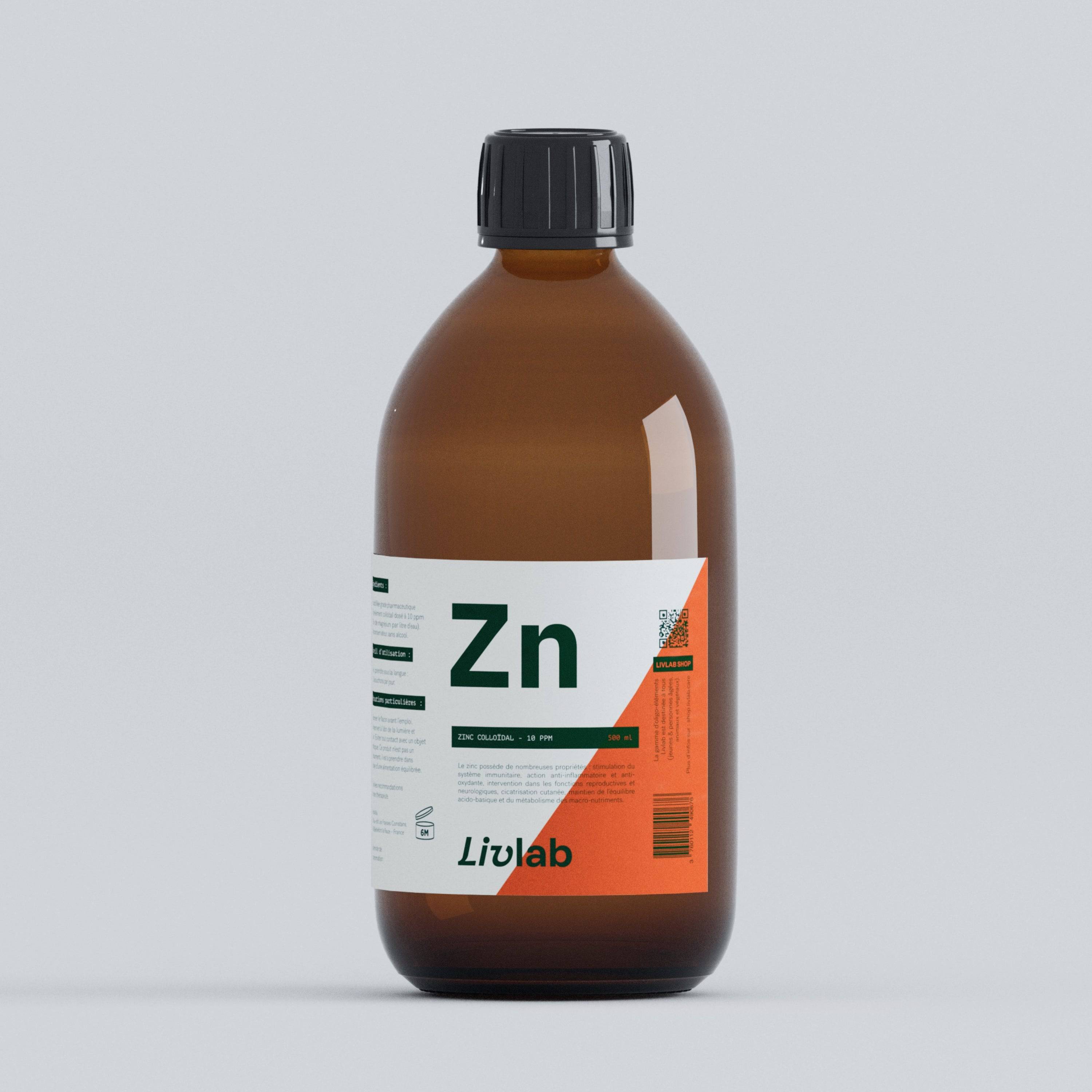 Colloidal Zinc 10 PPM in a 500 ml bottle by Livlab with a clear liquid and label visible.