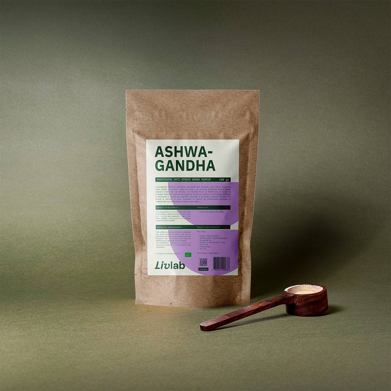 Ashwagandha Bio powder in a 200 g package by Livlab, showcasing the earthy brown color and fine texture of the powder.