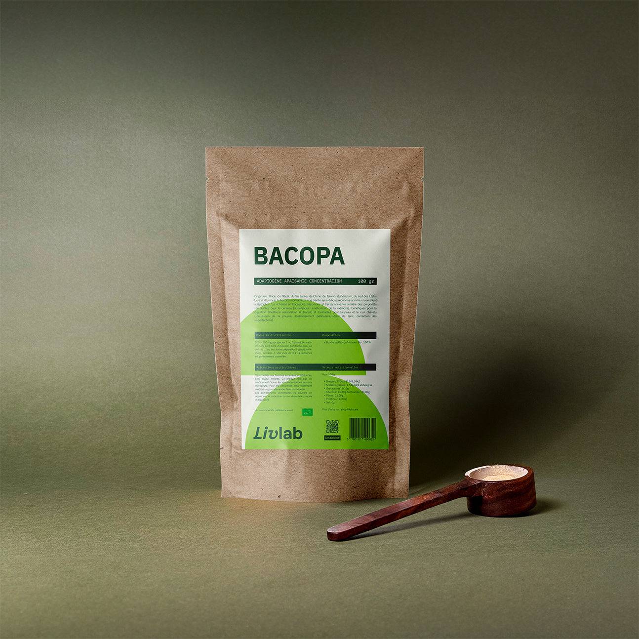 Bacopa Monnieri Bio powder in a 100g package by Livlab, showcasing a fine green herbal powder texture.