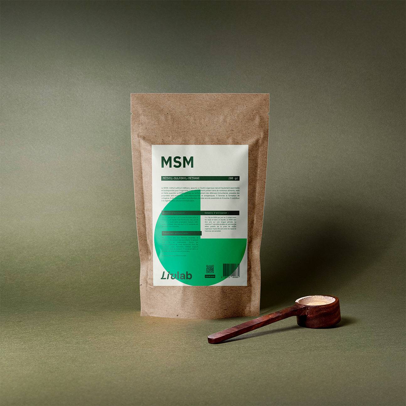 MSM powder in a 200 g container by Livlab, showcasing the fine white crystalline texture of the supplement.