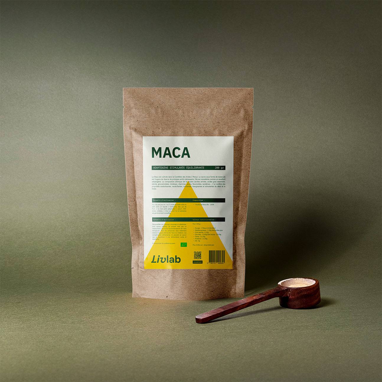 Organic Maca powder in a 200g package by Livlab, showcasing the fine texture and earthy color of the product.