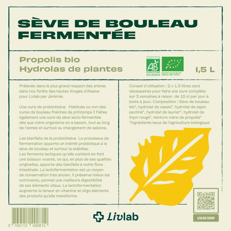 LIVLAB Sève de bouleau fermentée in a 1.5 L bottle, showcasing its natural liquid texture and label design.