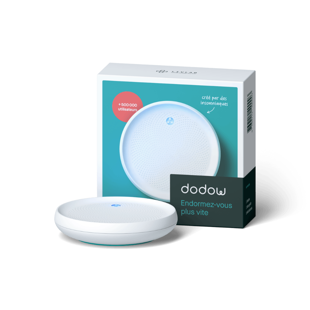 Dodow sleep aid by LIVLAB in transparent packaging, designed to help users fall asleep in 8 minutes.