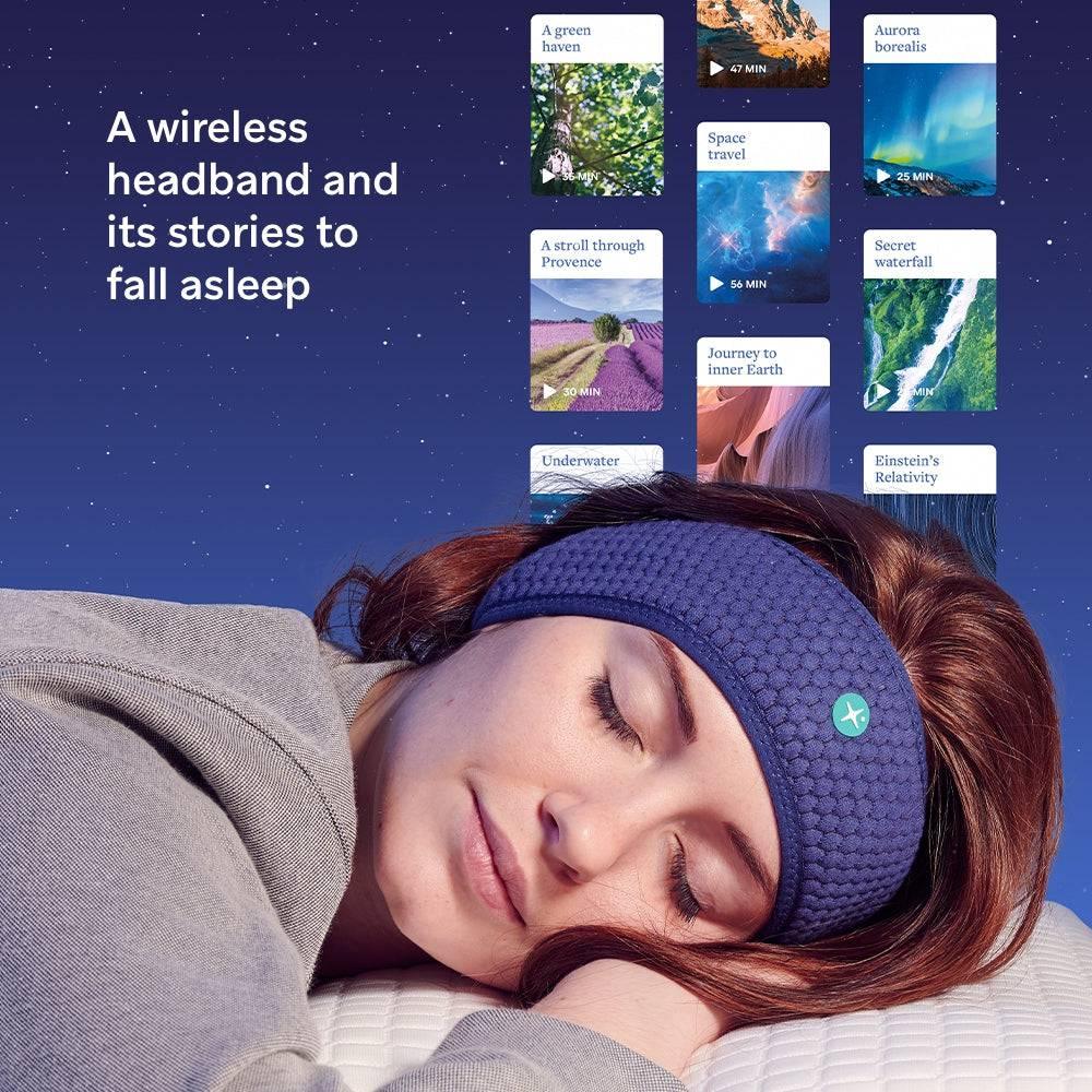 Woman sleeping with a wireless Bluetooth sleep headband, relaxing audio story options shown