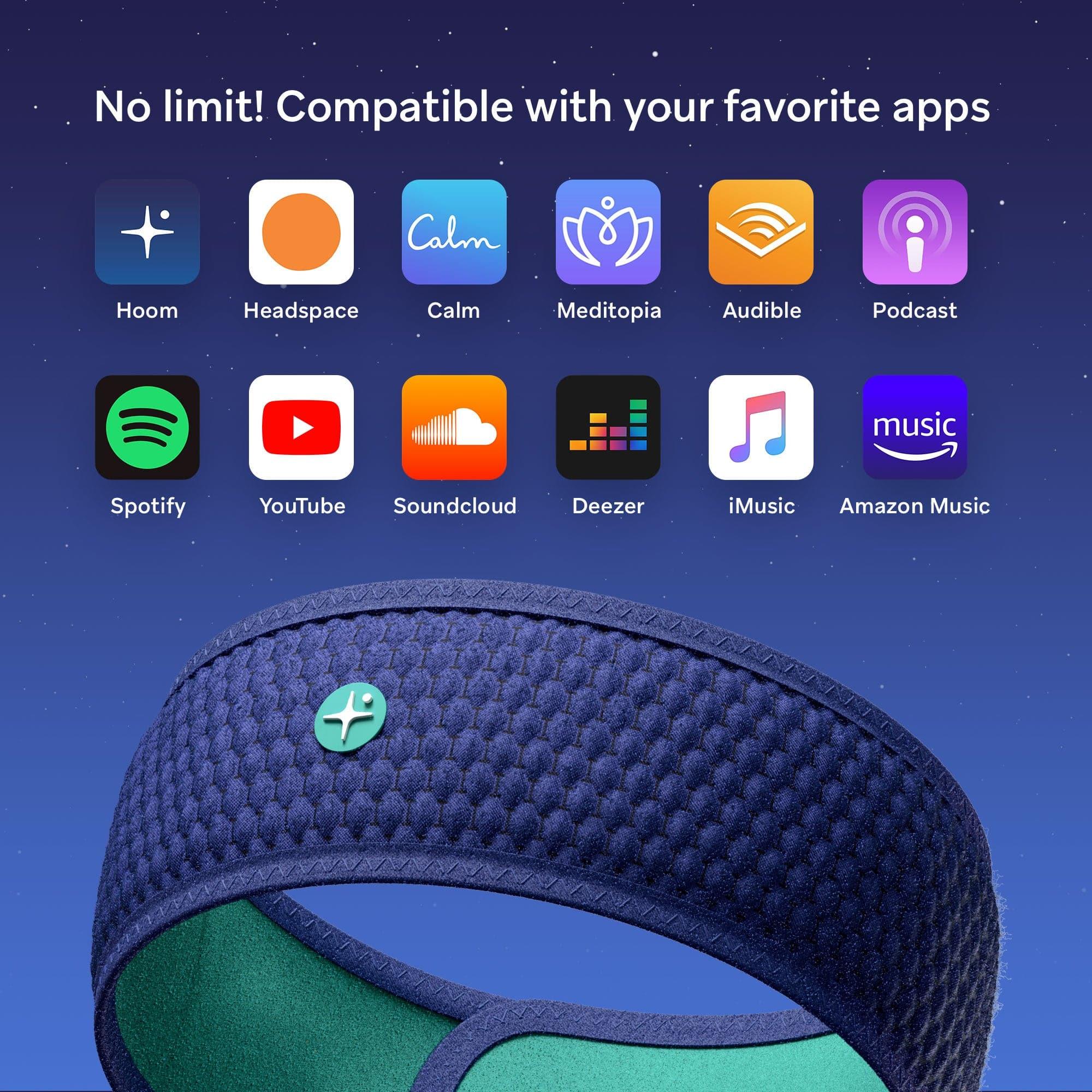 Blue fabric sleep headband with app compatibility icons and starry night background.