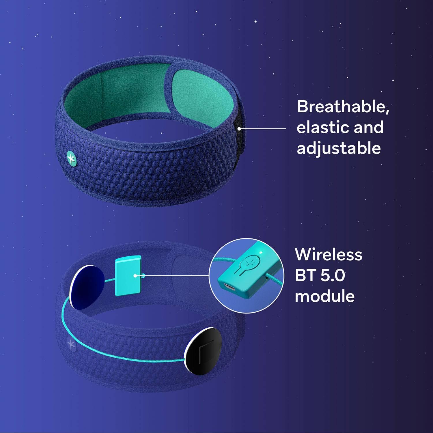 Blue adjustable headband with breathable fabric and wireless Bluetooth 5.0 module against starry background.