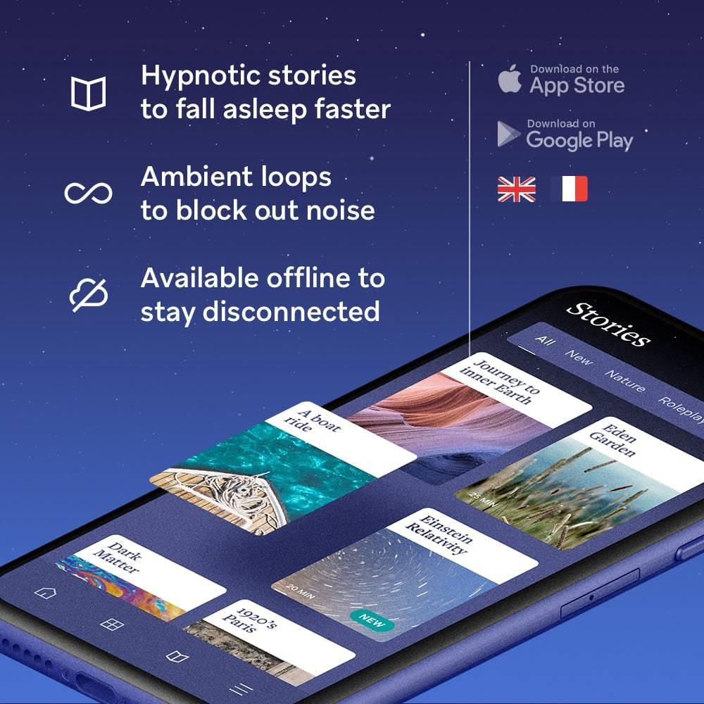 Mobile app interface for sleep stories and ambient sounds, with key features and app store icons.