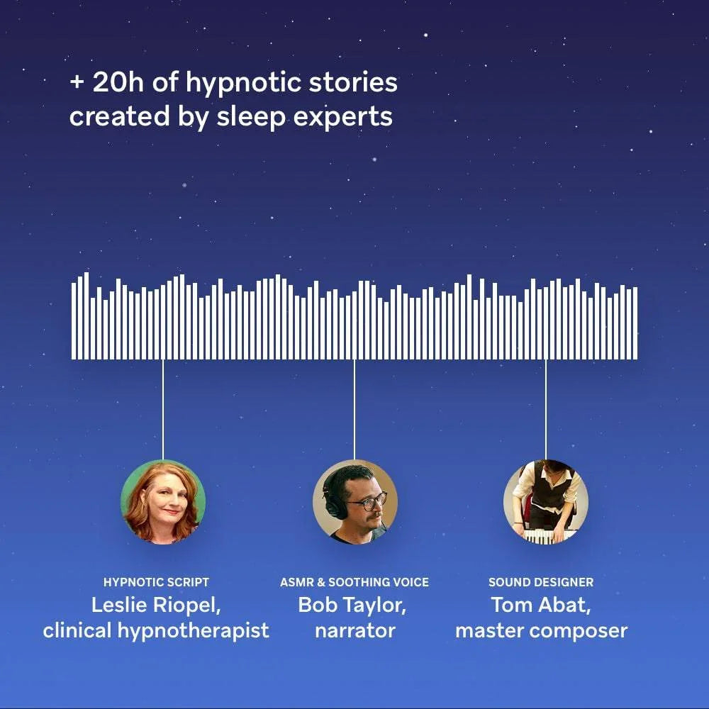 Infographic with soundwave, starry background, and three experts in sleep story creation.