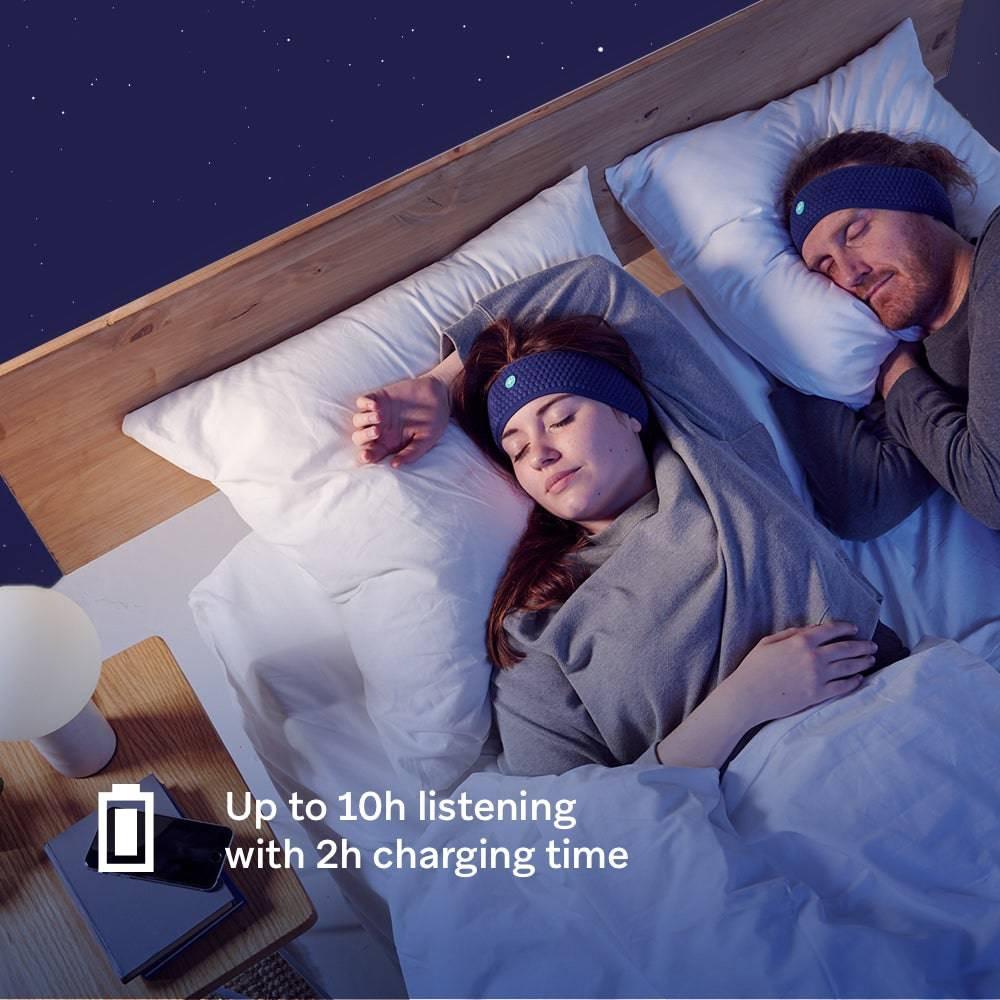 Couple sleeping in bed wearing blue sleep headphones, text reads up to 10h listening.