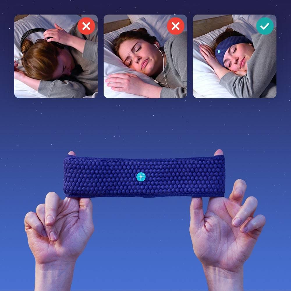Comparison showing woman struggling to sleep with headphones and earbuds, then comfortably sleeping with a blue sleep headband, with hands holding the soft headband below.