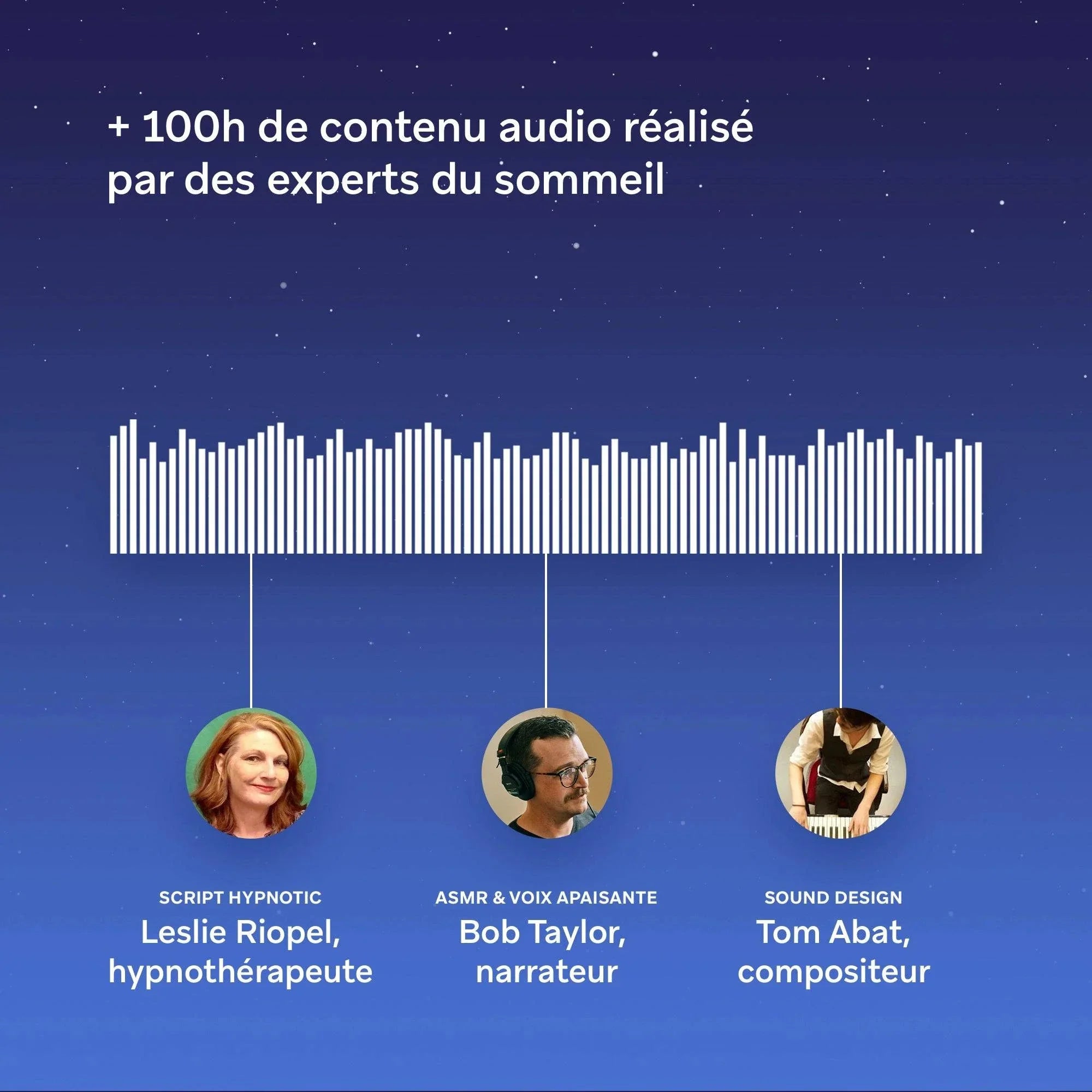 Audio experts for sleep content, waveform graphic, three team members with names and roles.