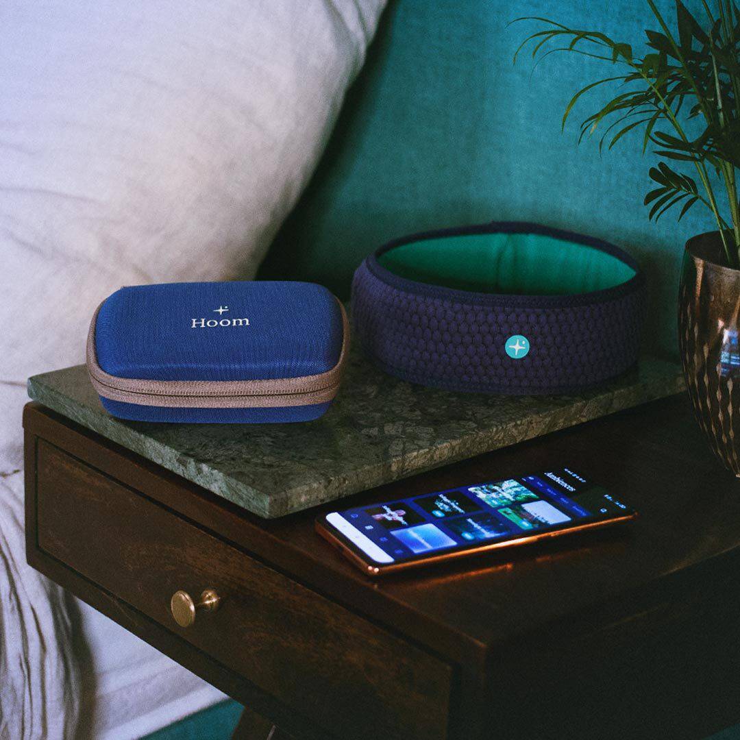 HoomBand travel case by LIVLAB, featuring a sleek design with a secure closure, ideal for storing your sleep mask.