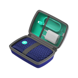 Travel case with blue sleep headband, charging cable, and power adapter