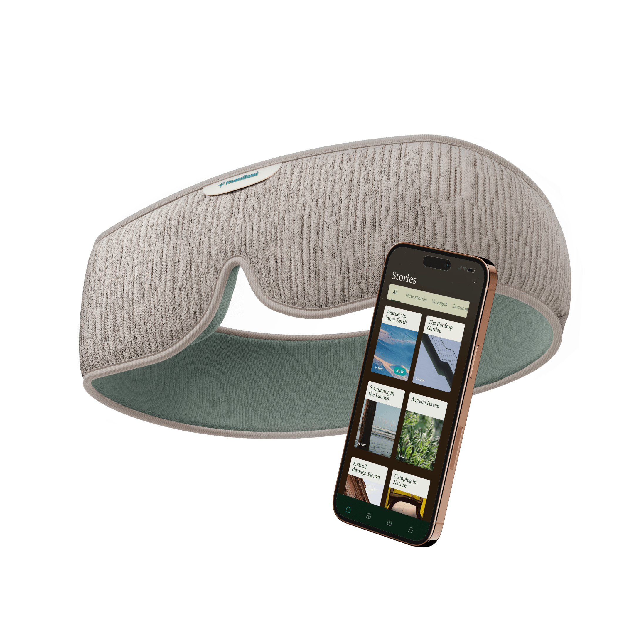 Soft sleep headband with relaxing audio stories app displayed on smartphone