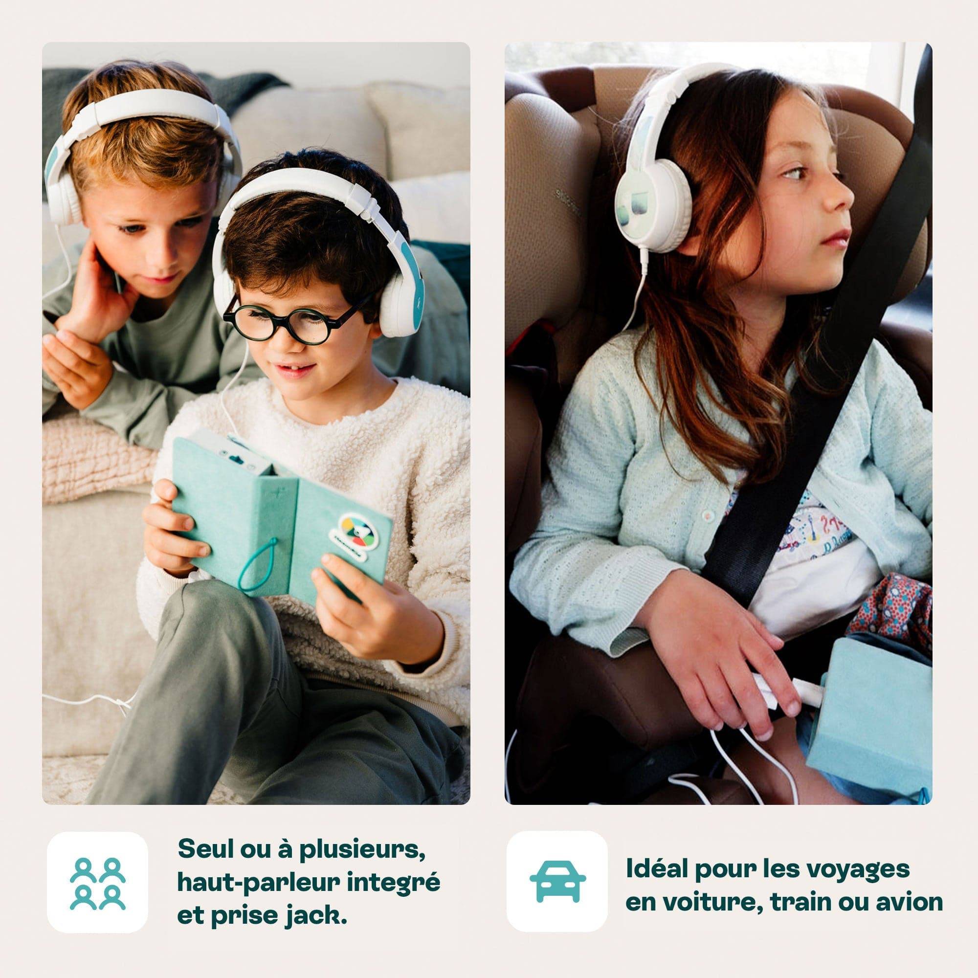 Children using white headphones with a tablet, at home and in a car seat, ideal for travel.