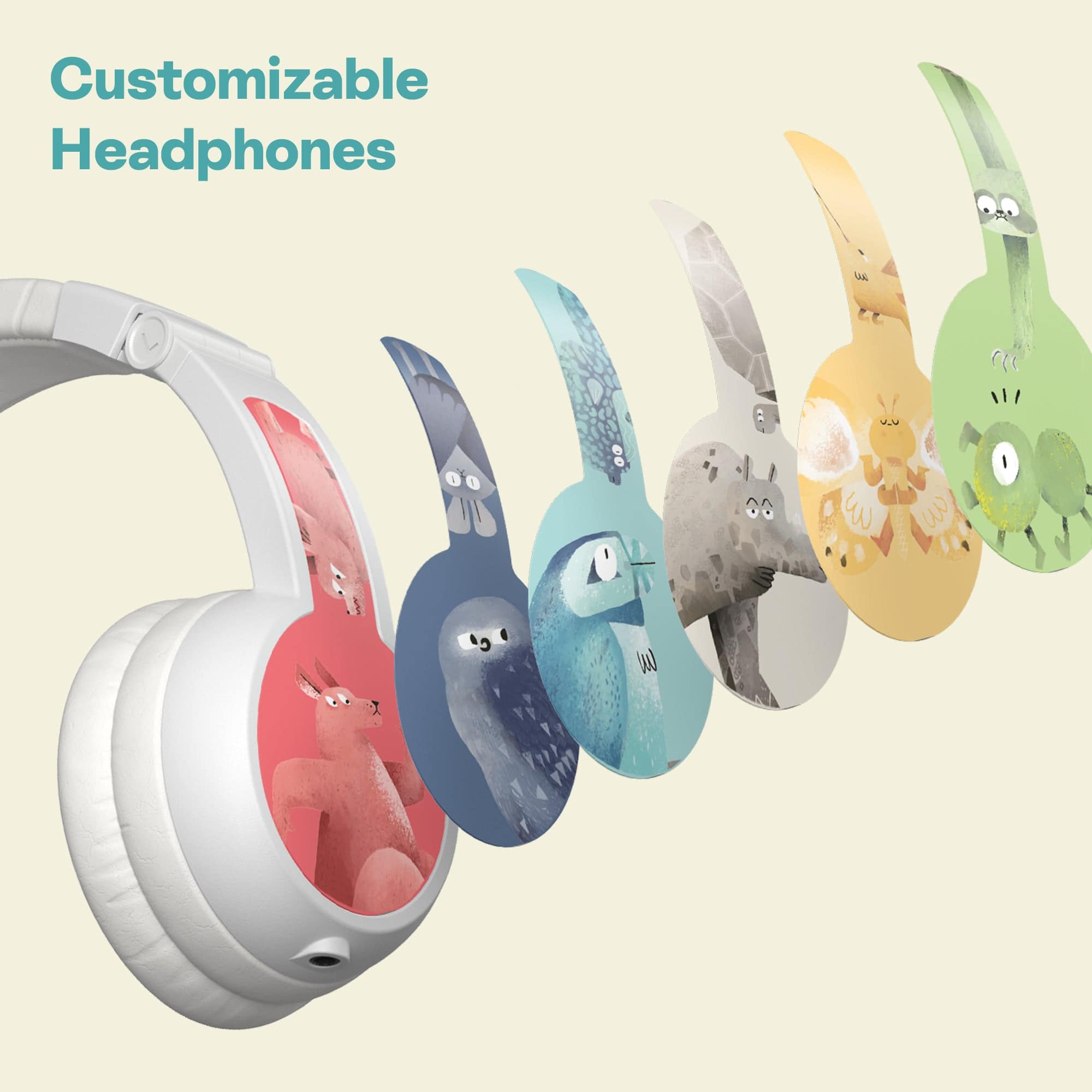 LIVLAB HoomKid Headphones showing adjustable headband, foldable design, and customizable features for kids.