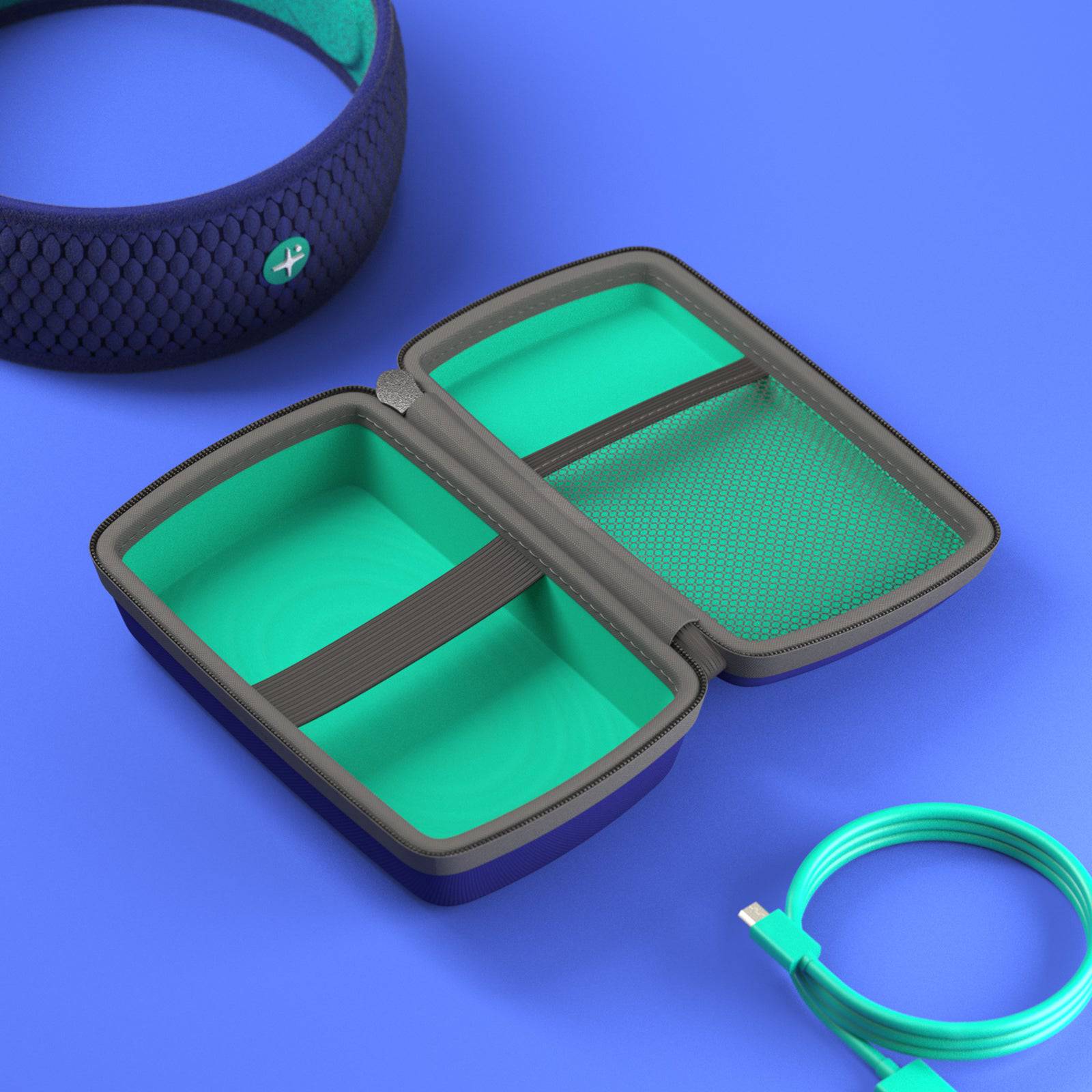 HoomBand official travel case by LIVLAB, featuring a sleek design in a cozy travel setting.