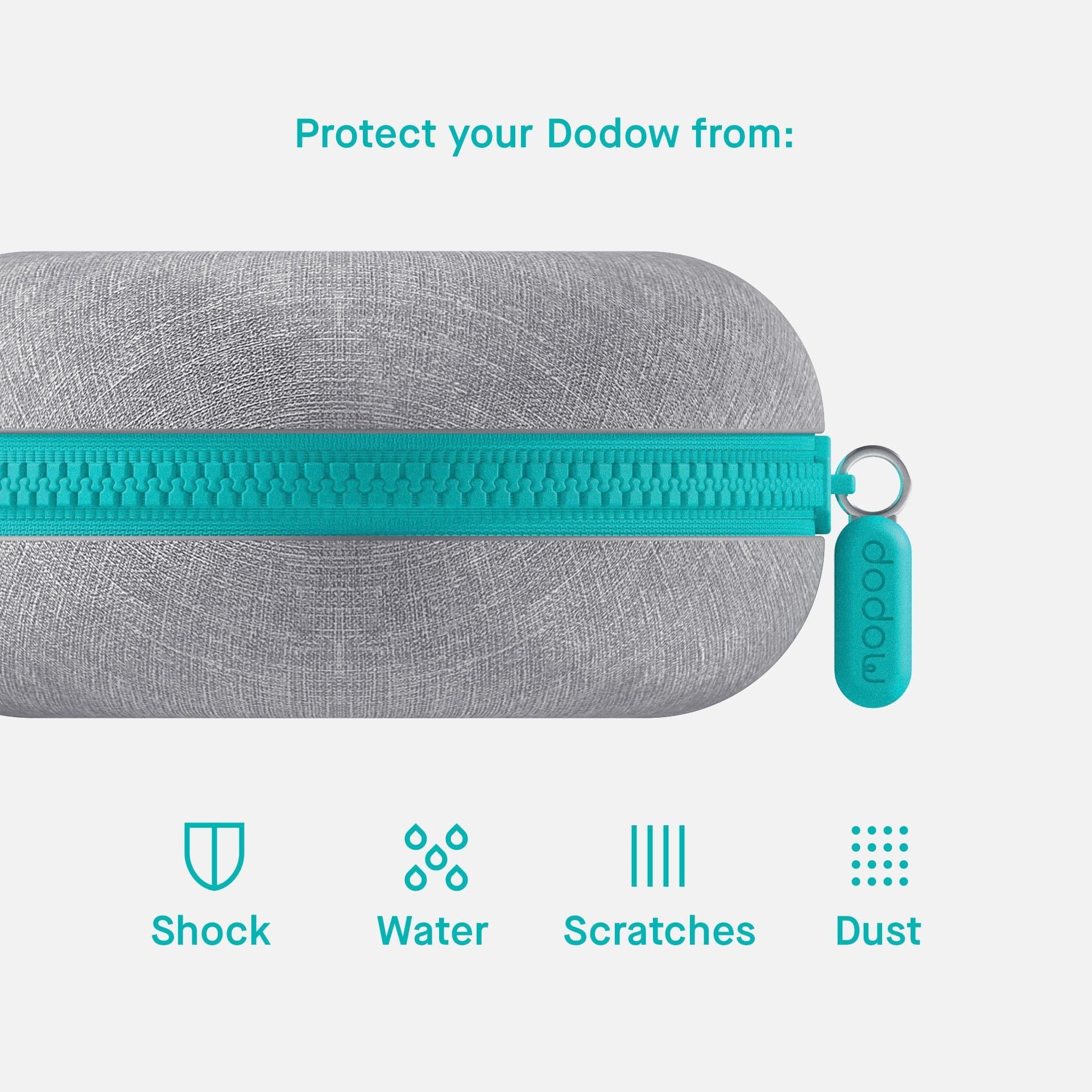 Grey protective case with turquoise zipper for Dodow, shields against shock, water, scratches, dust.