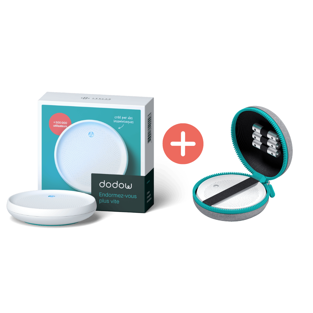 Livlab Dodow sleep aid device with travel case, designed to help users fall asleep in 8 minutes, shown from an angle.