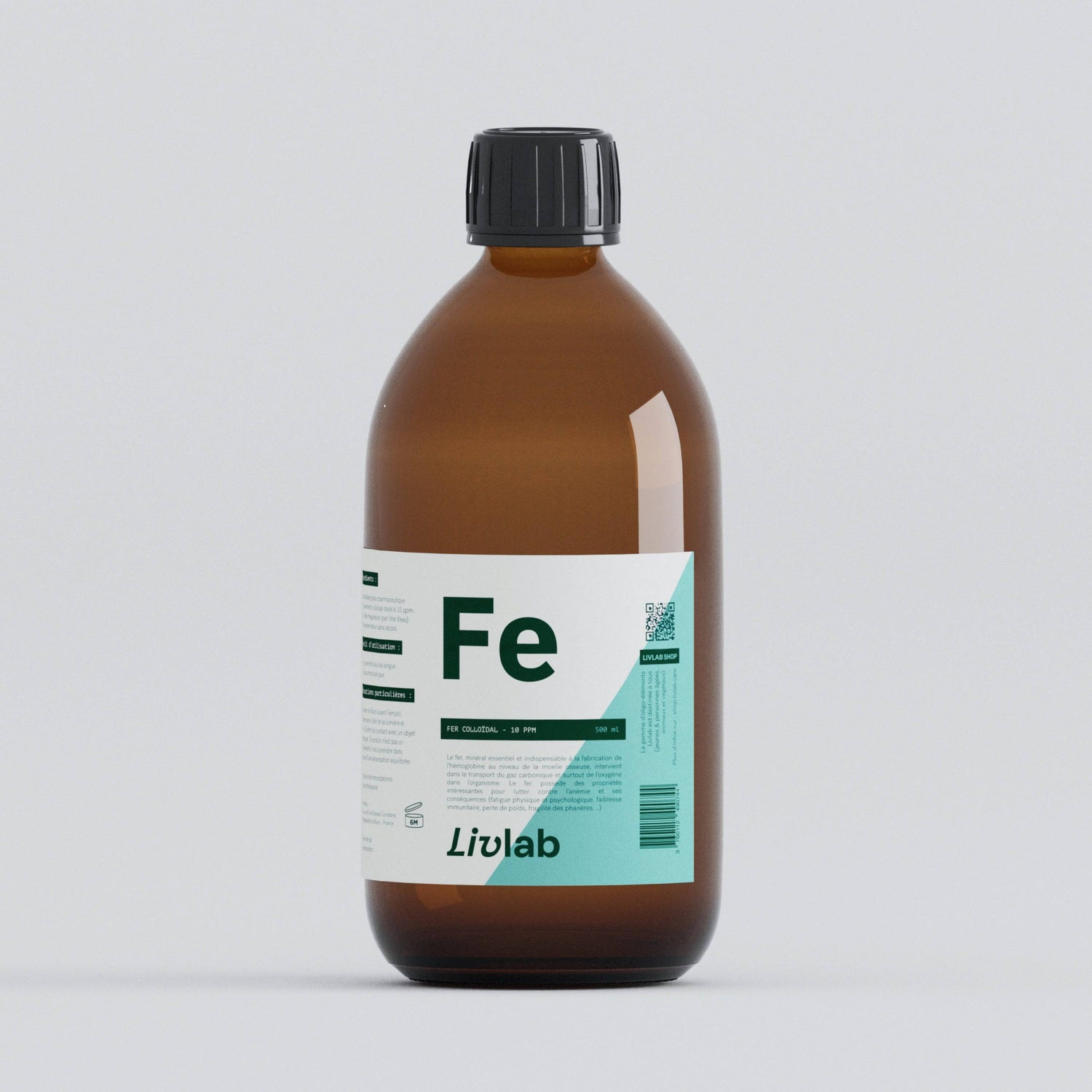 Livlab Fer Colloïdal 10 PPM in a 500 ml bottle with a clear liquid and label design visible.