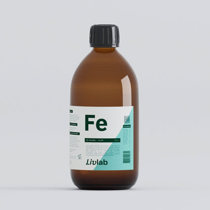 Livlab Fer Colloïdal 10 PPM in a 500 ml bottle with a clear liquid and label design visible.